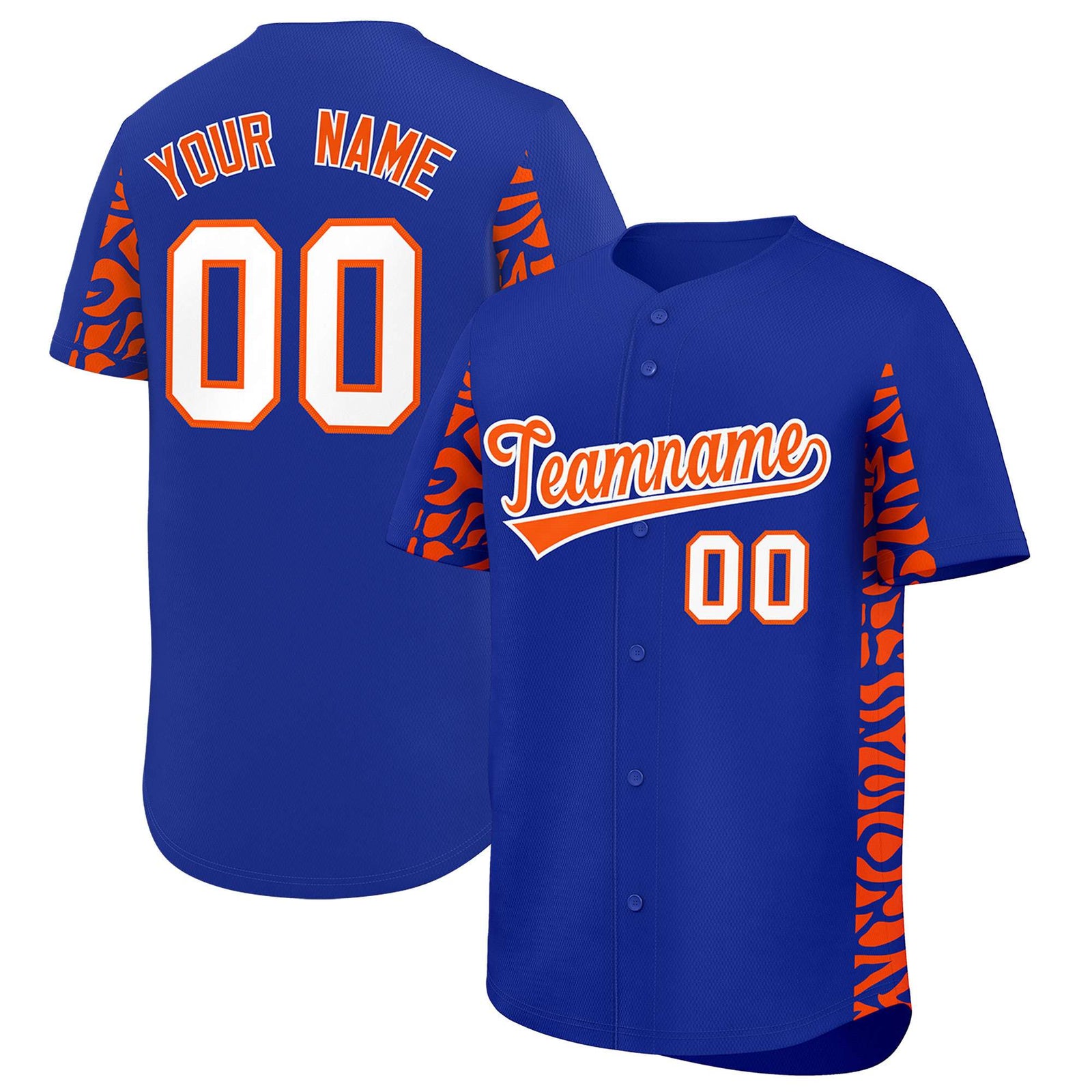 Custom Royal Orange Personalized Leopard Graffiti Pattern Side Design Authentic Baseball Jersey