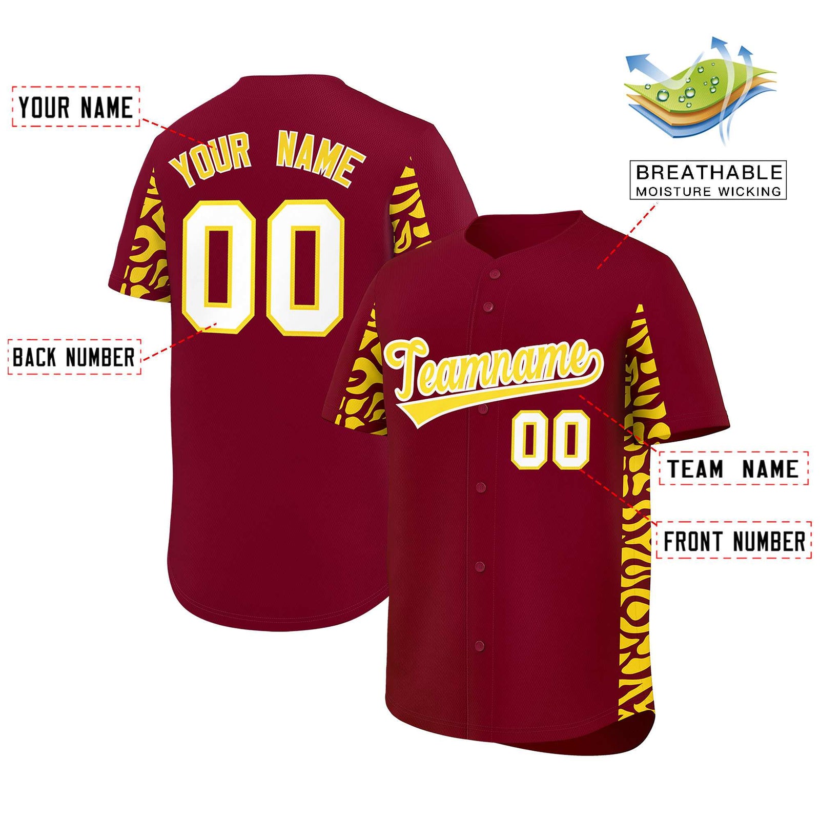 Custom Crimson Gold Personalized Leopard Graffiti Pattern Side Design Authentic Baseball Jersey