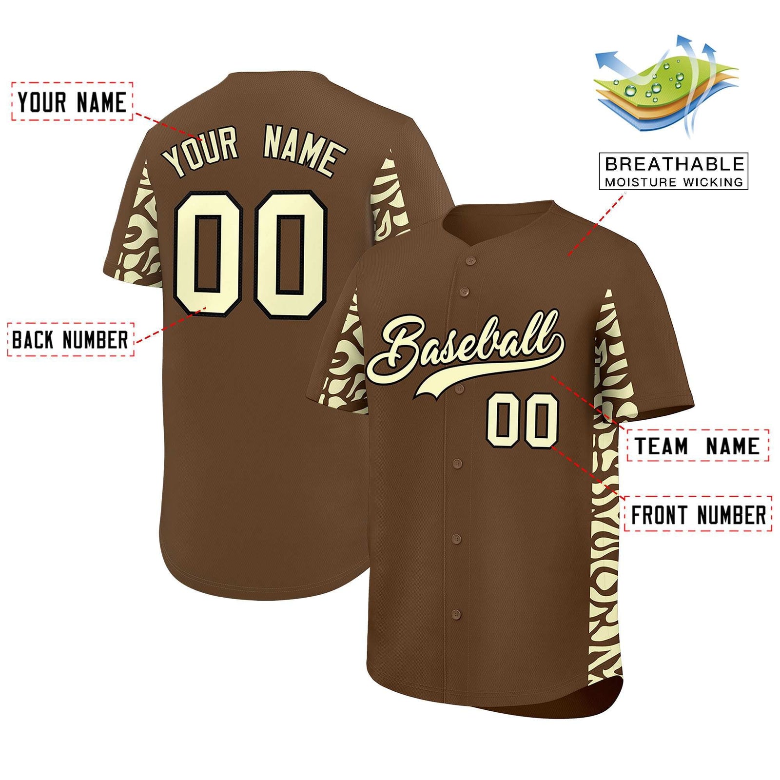 Custom Light Brown Cream Personalized Leopard Graffiti Pattern Side Design Authentic Baseball Jersey