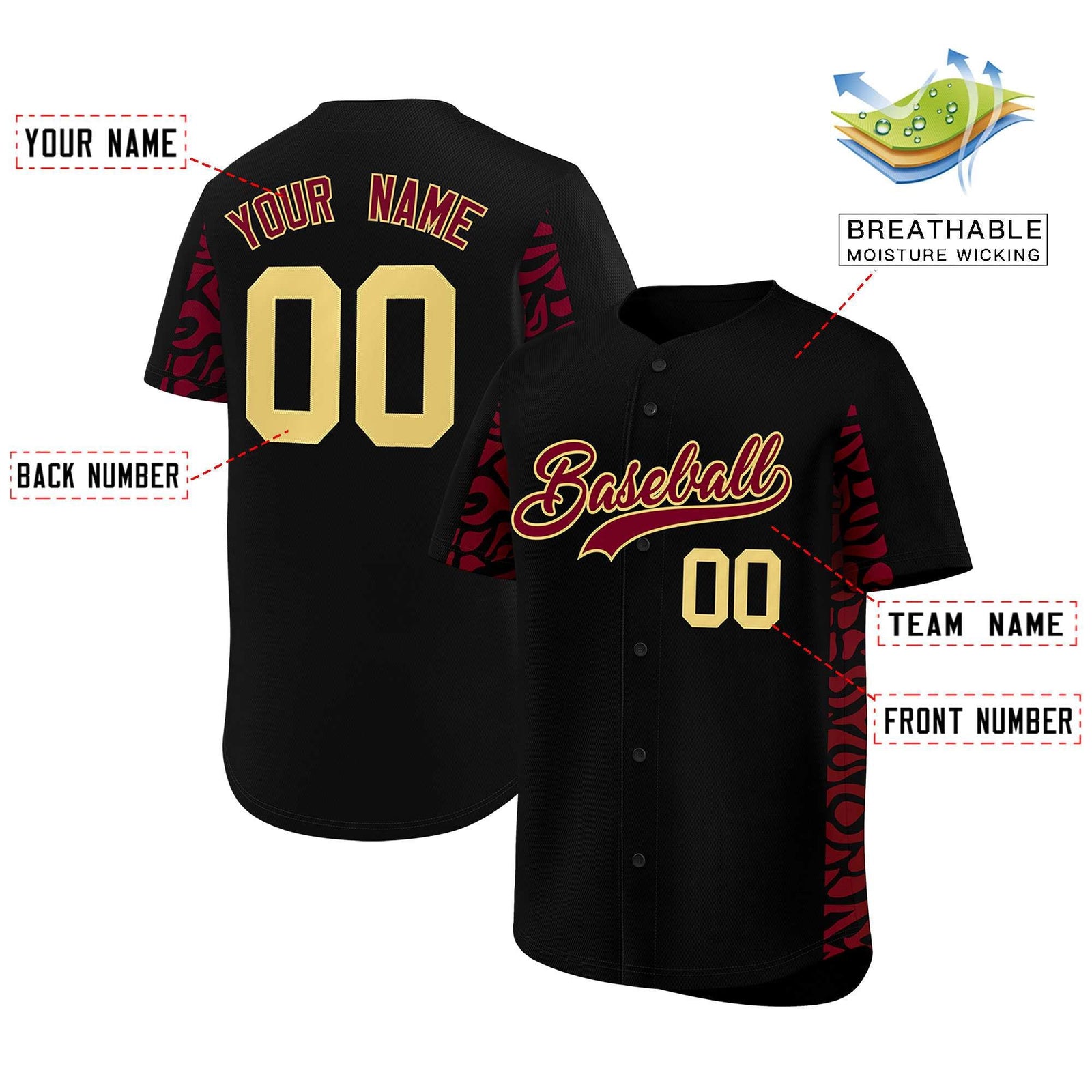 Custom Black Crimson Personalized Leopard Graffiti Pattern Side Design Authentic Baseball Jersey