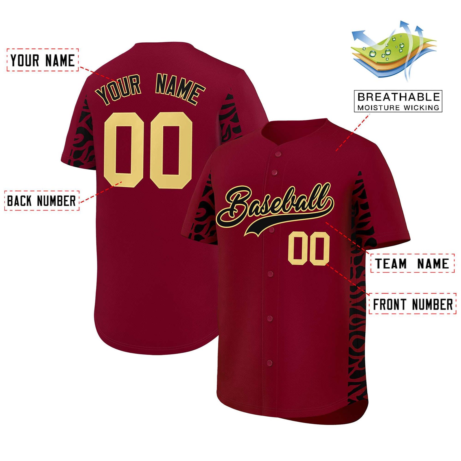 Custom Crimson Black Personalized Leopard Graffiti Pattern Side Design Authentic Baseball Jersey