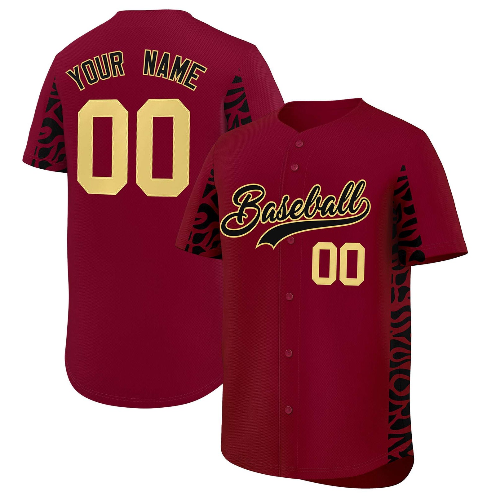 Custom Crimson Black Personalized Leopard Graffiti Pattern Side Design Authentic Baseball Jersey