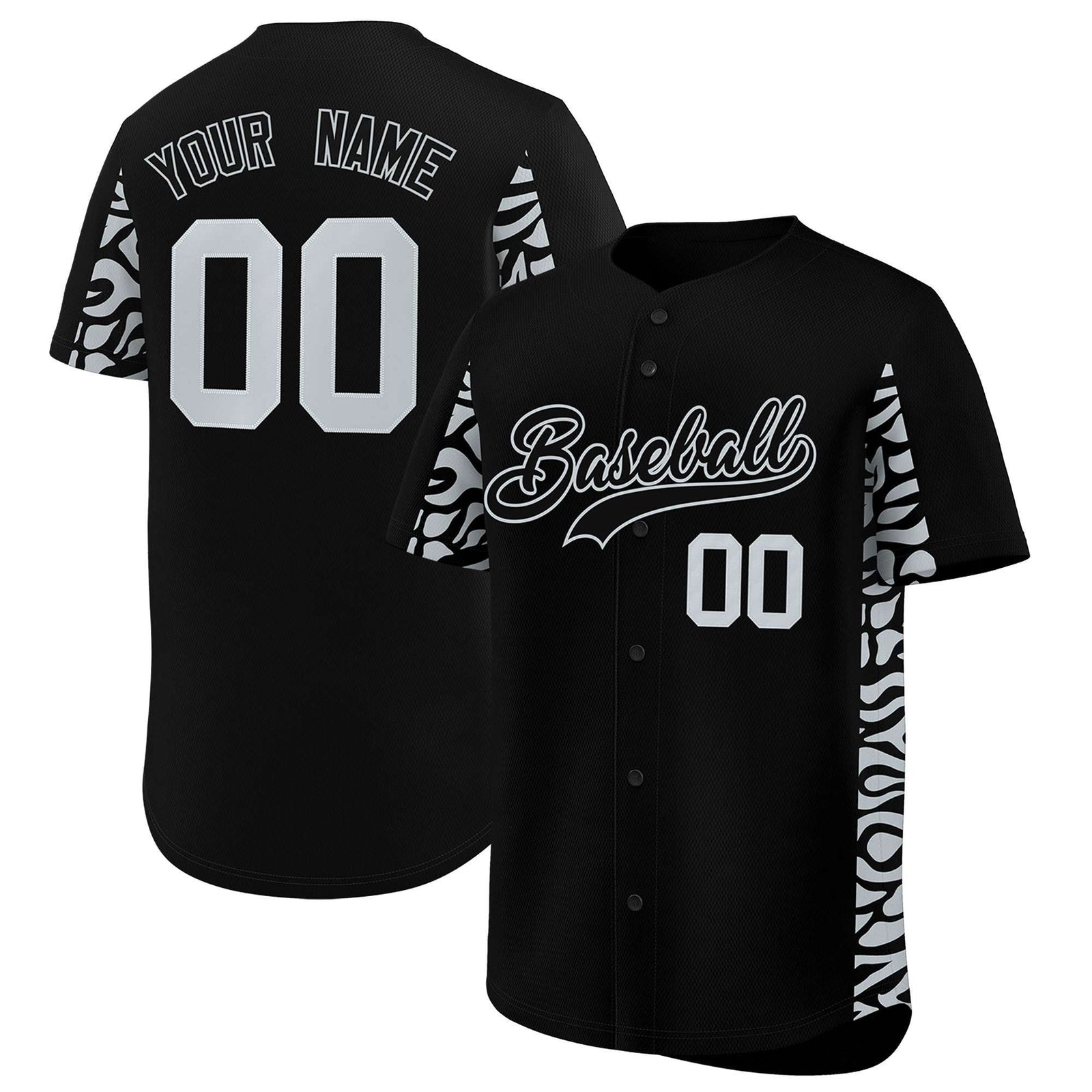 Custom Black Silver Personalized Leopard Graffiti Pattern Side Design Authentic Baseball Jersey