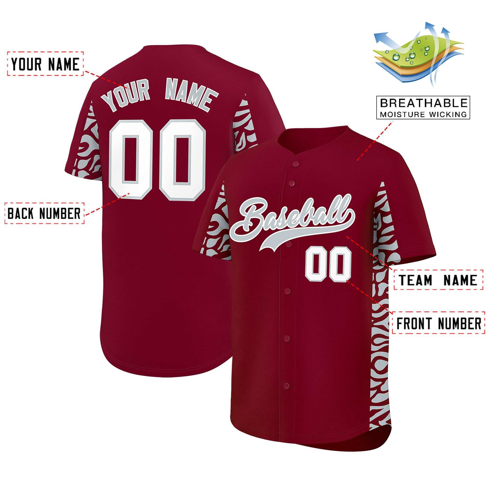 Custom Crimson Silver Personalized Leopard Graffiti Pattern Side Design Authentic Baseball Jersey