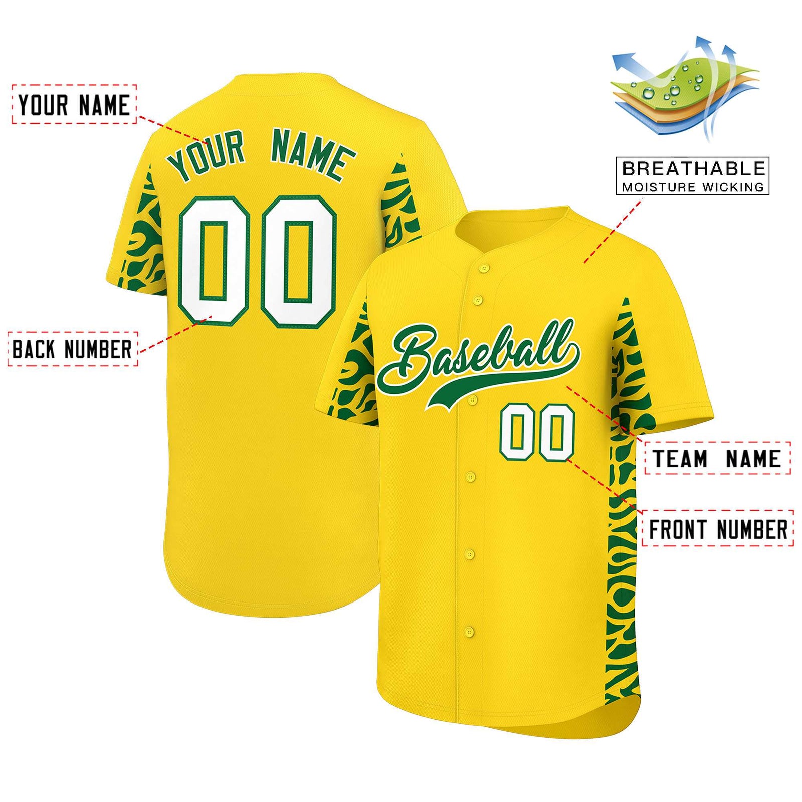 Custom Gold Kelly Green Personalized Leopard Graffiti Pattern Side Design Authentic Baseball Jersey