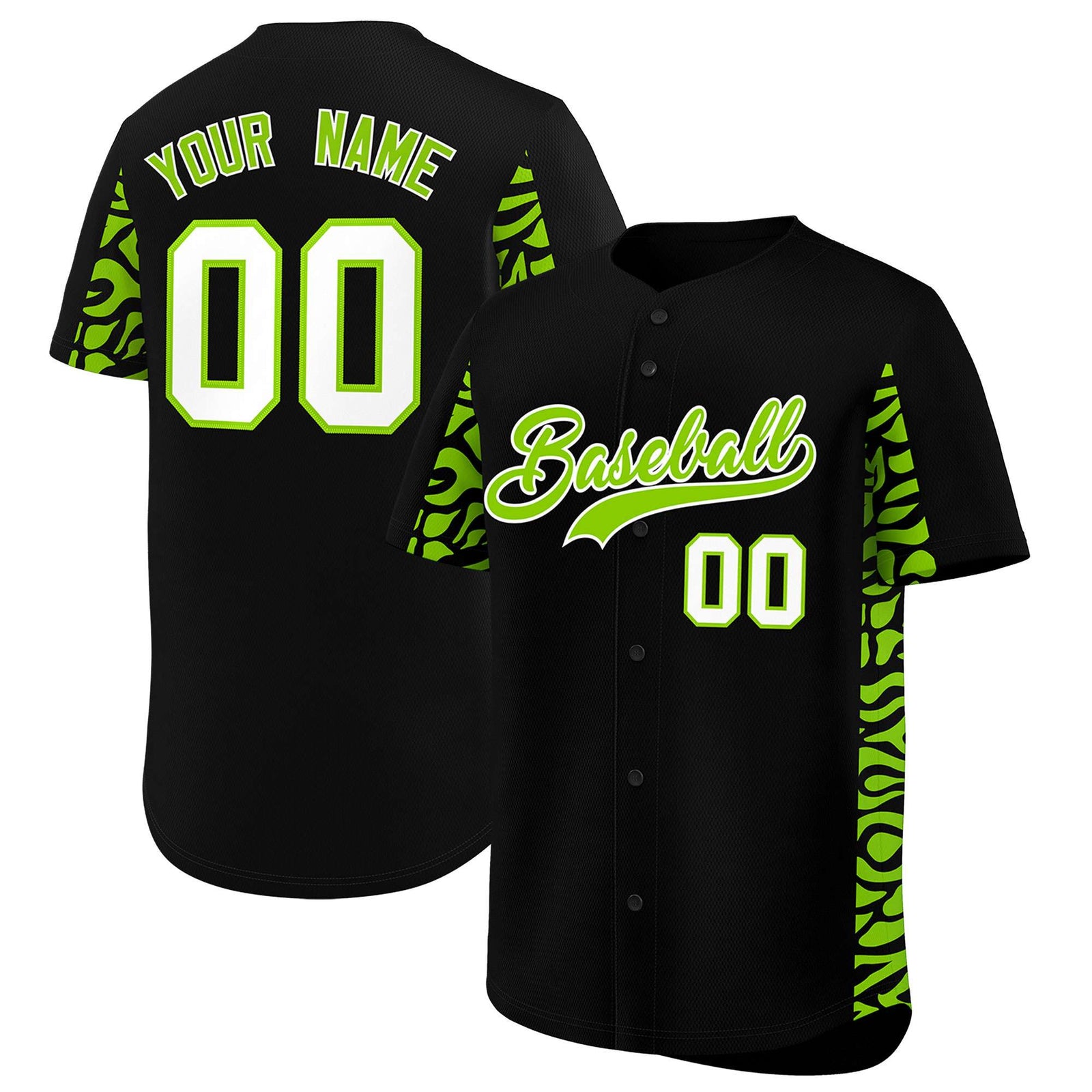Custom Black Neon Green Personalized Leopard Graffiti Pattern Side Design Authentic Baseball Jersey