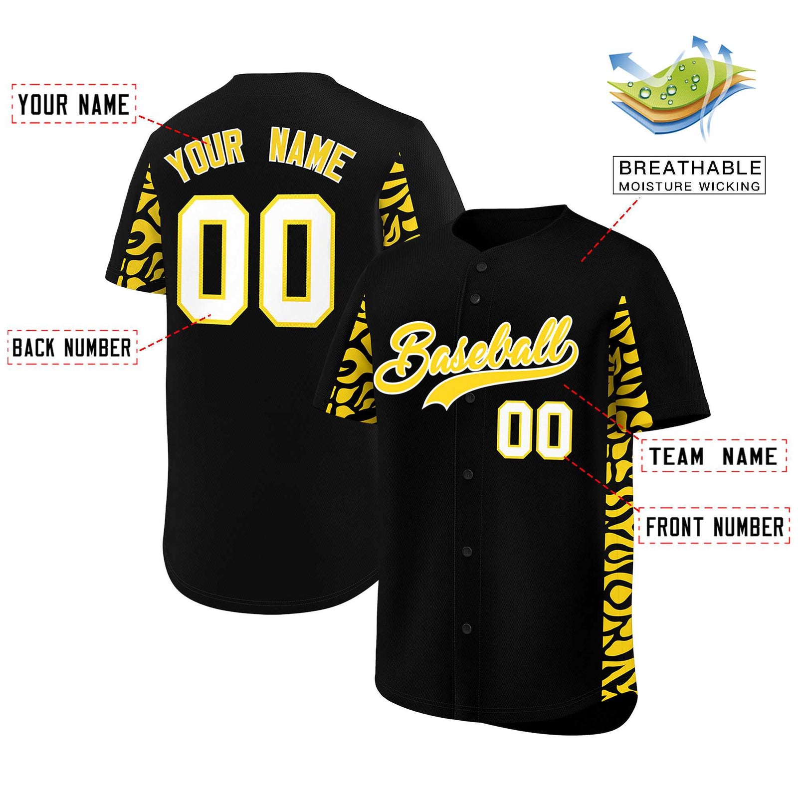 Custom Black Gold Personalized Leopard Graffiti Pattern Side Design Authentic Baseball Jersey