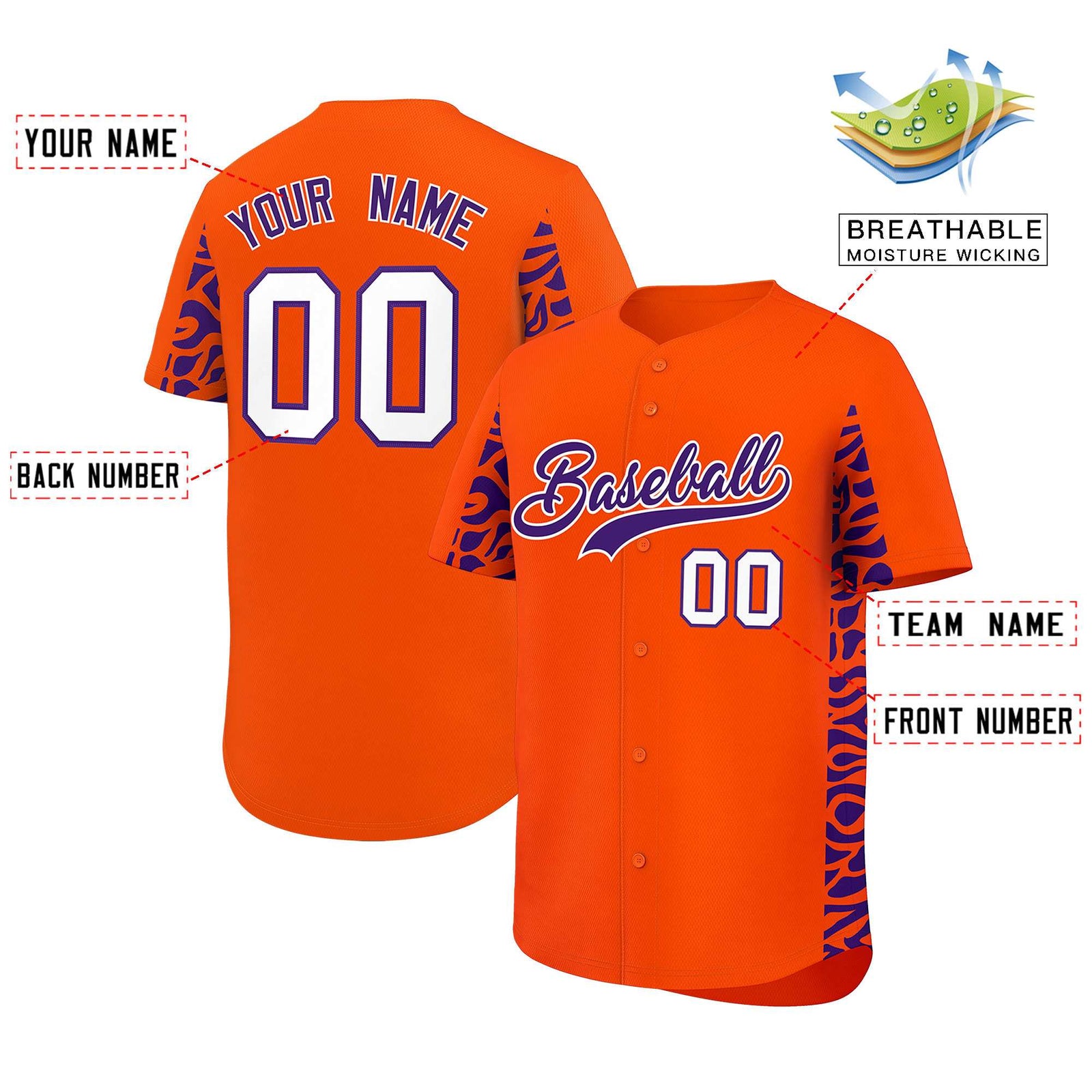 Custom Orange Purple Personalized Leopard Graffiti Pattern Side Design Authentic Baseball Jersey