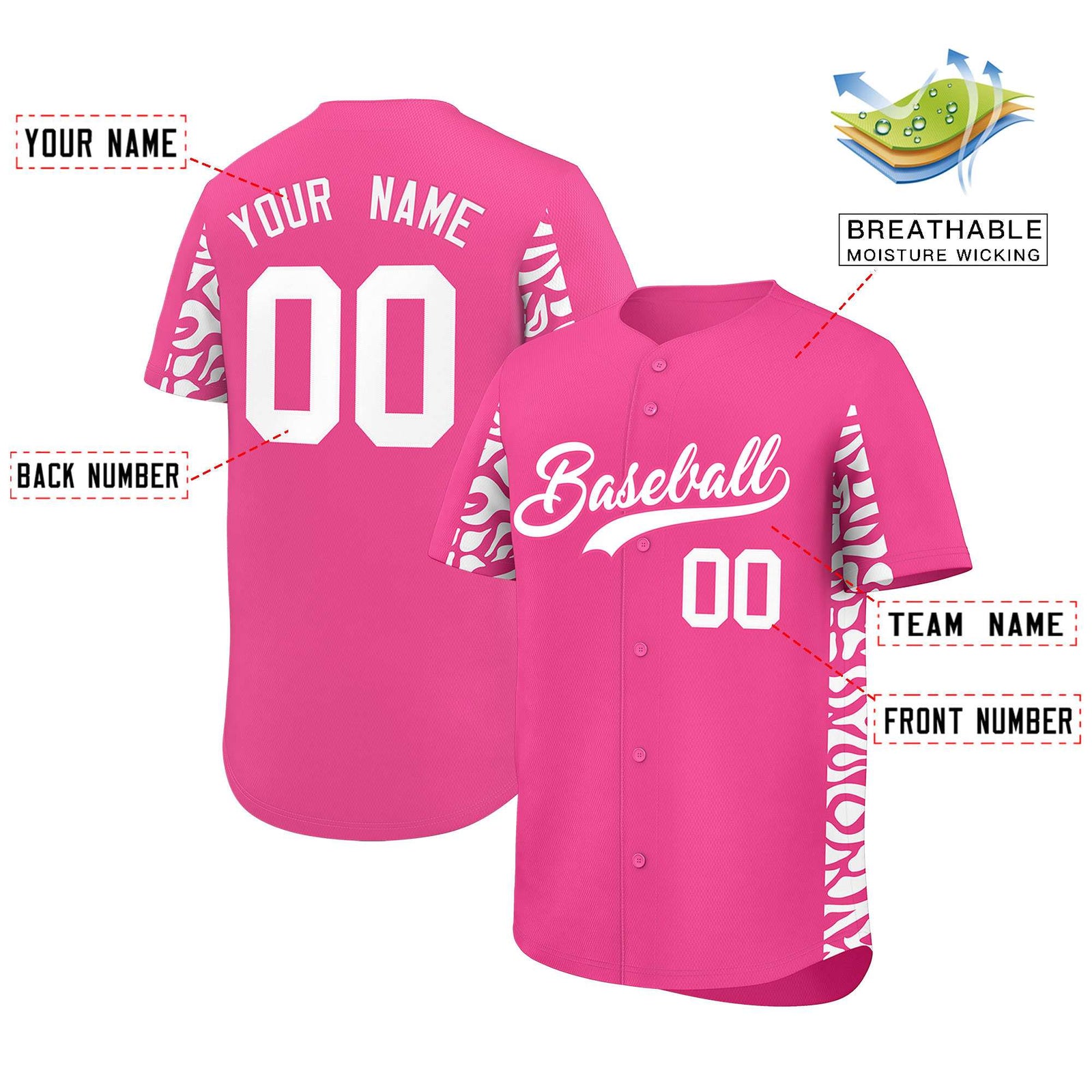Custom Pink White Personalized Leopard Graffiti Pattern Side Design Authentic Baseball Jersey