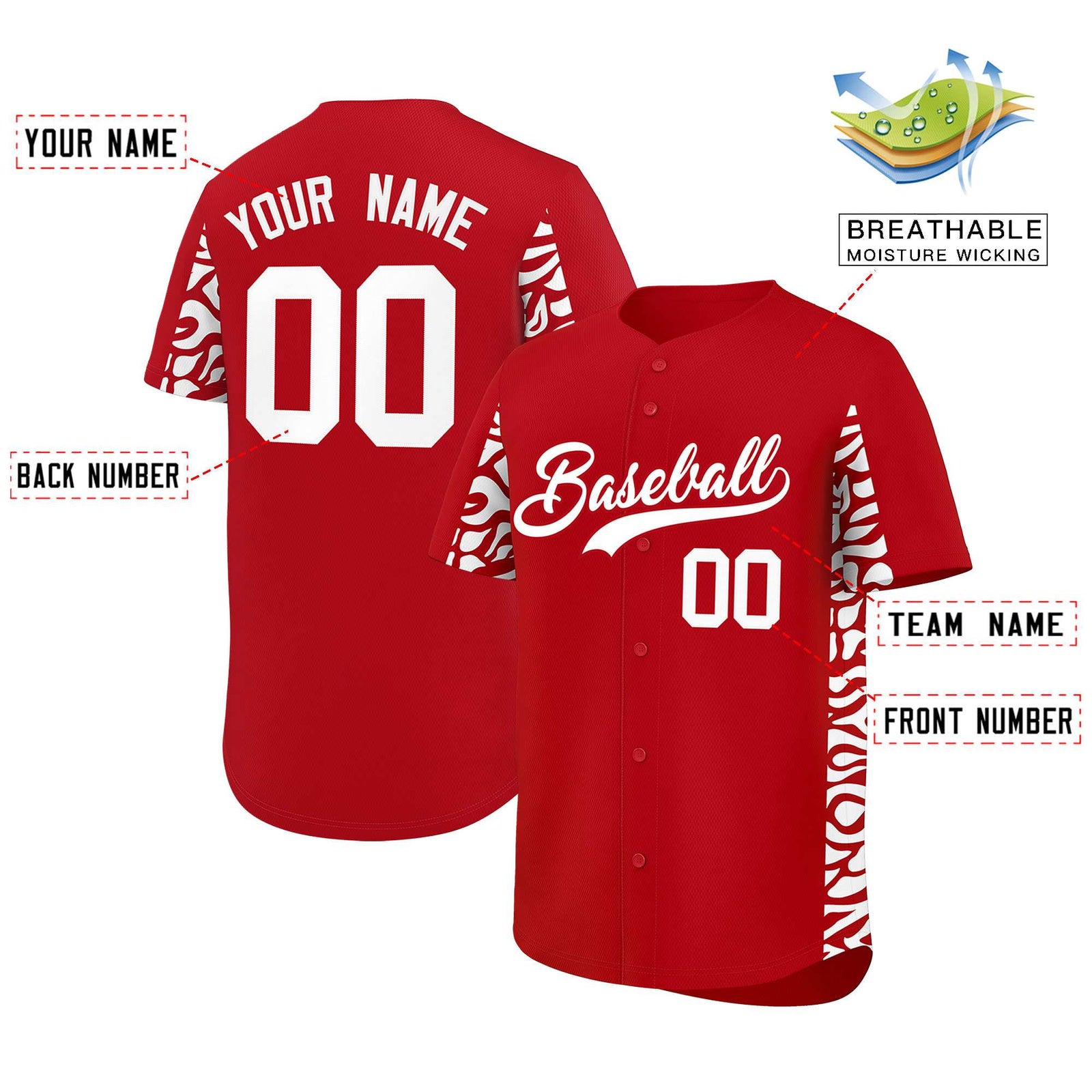 Custom Red White Personalized Leopard Graffiti Pattern Side Design Authentic Baseball Jersey