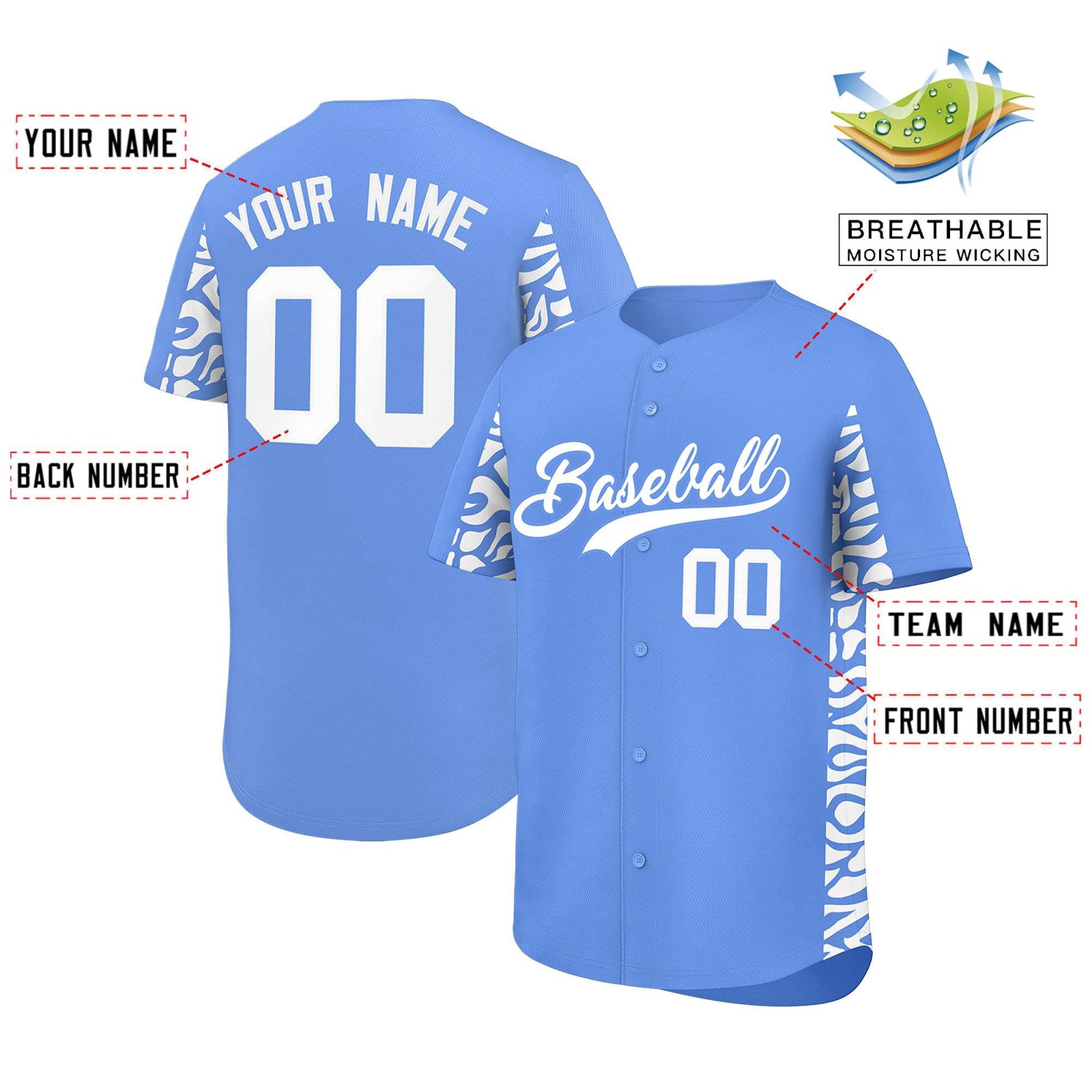Custom Powder Blue White Personalized Leopard Graffiti Pattern Side Design Authentic Baseball Jersey
