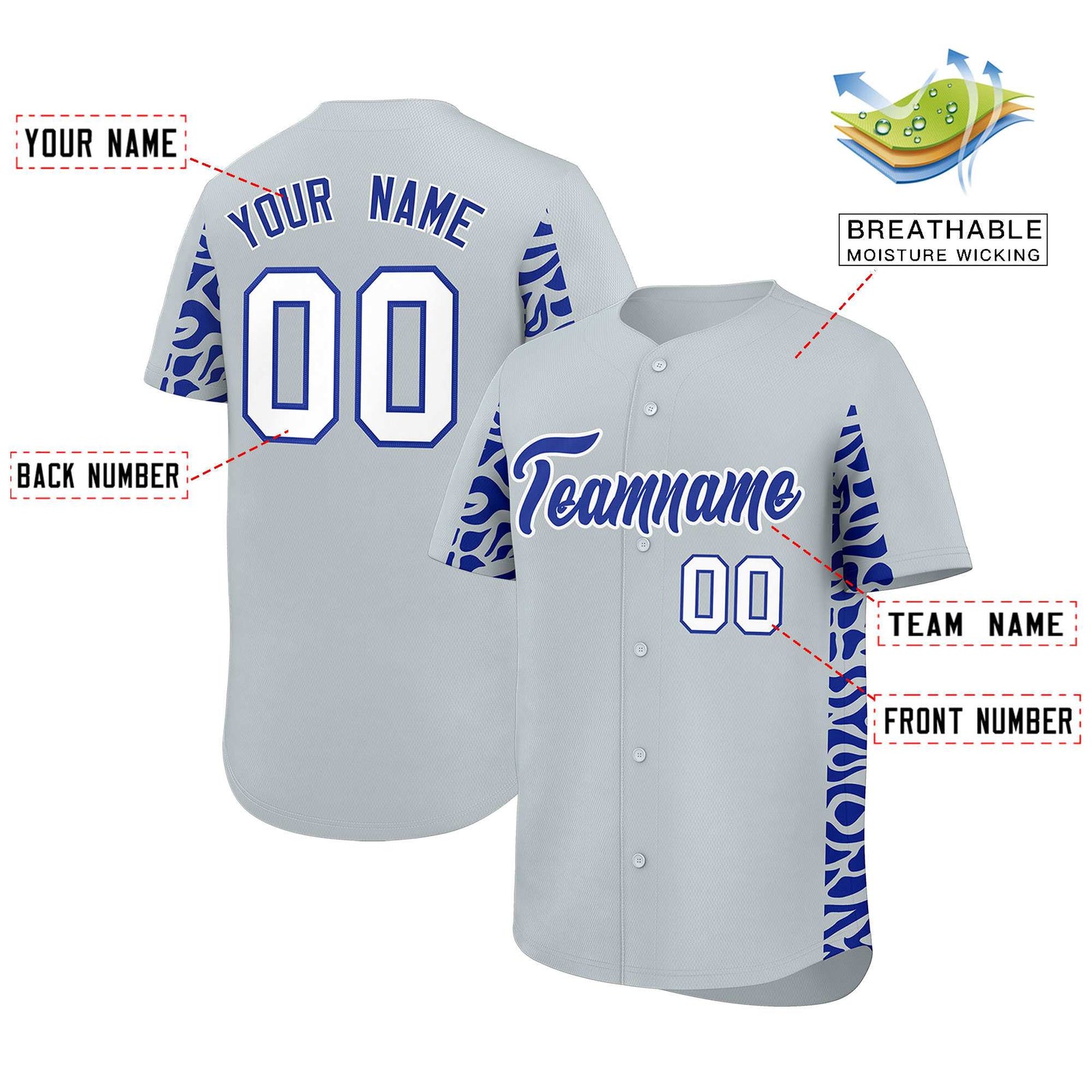 Custom Silver Royal Personalized Leopard Graffiti Pattern Side Design Authentic Baseball Jersey