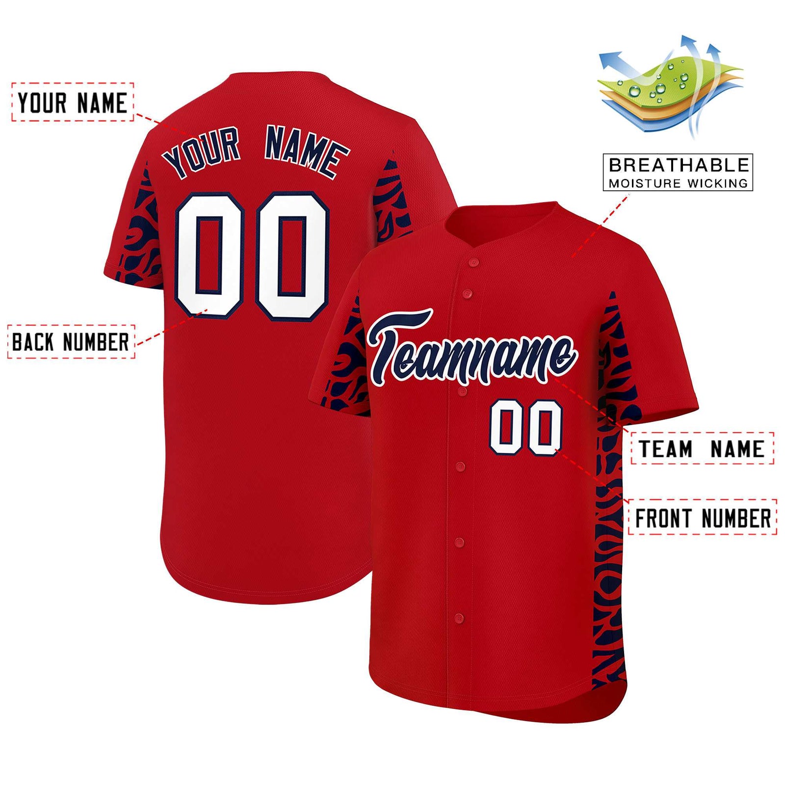 Custom Red Navy Personalized Leopard Graffiti Pattern Side Design Authentic Baseball Jersey