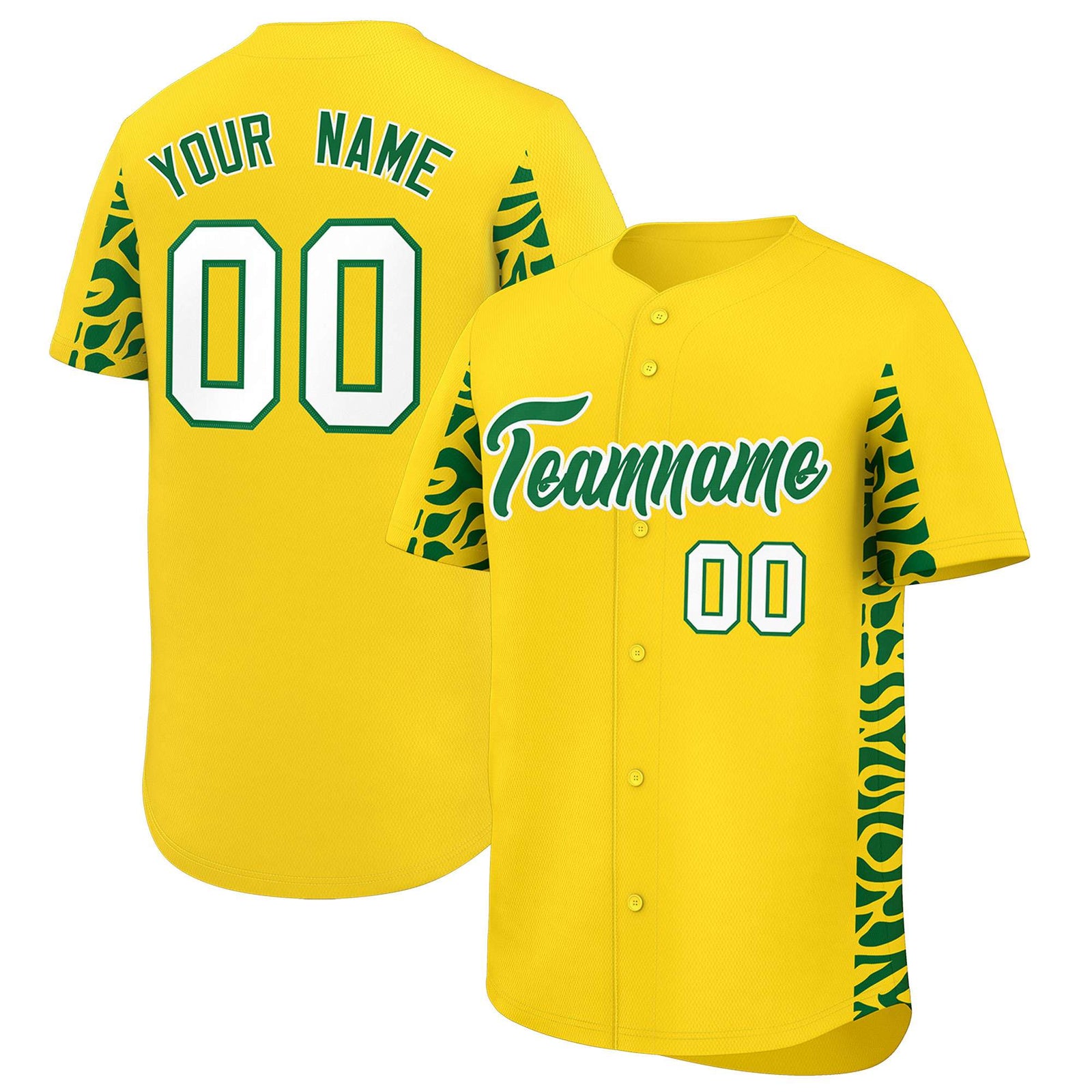 Custom Gold Kelly Green Personalized Leopard Graffiti Pattern Side Design Authentic Baseball Jersey