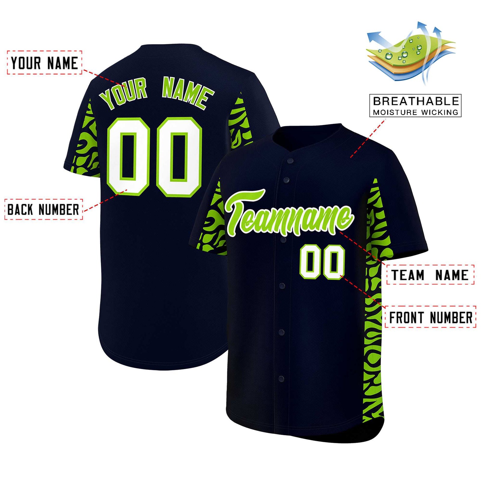 Custom Navy Neon Green Personalized Leopard Graffiti Pattern Side Design Authentic Baseball Jersey