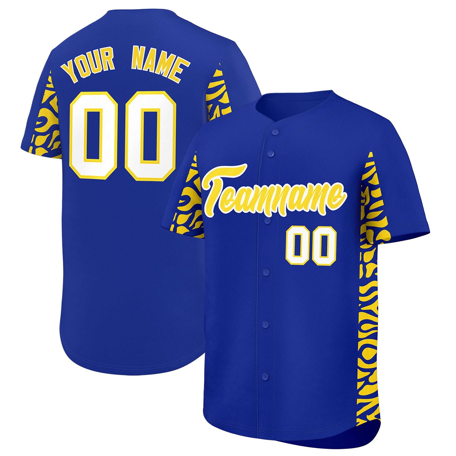 Custom Royal Gold Personalized Leopard Graffiti Pattern Side Design Authentic Baseball Jersey