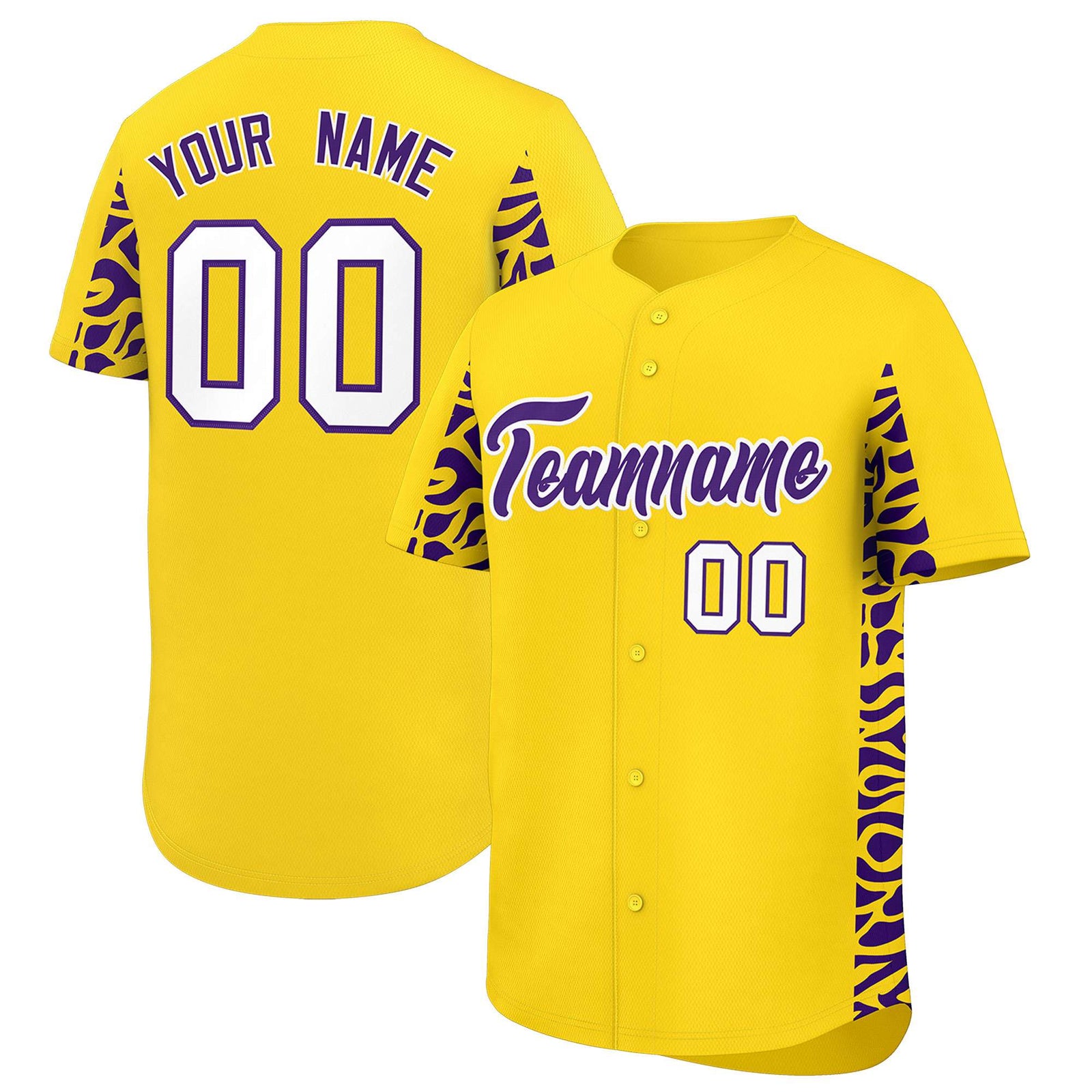 Custom Gold Purple Personalized Leopard Graffiti Pattern Side Design Authentic Baseball Jersey
