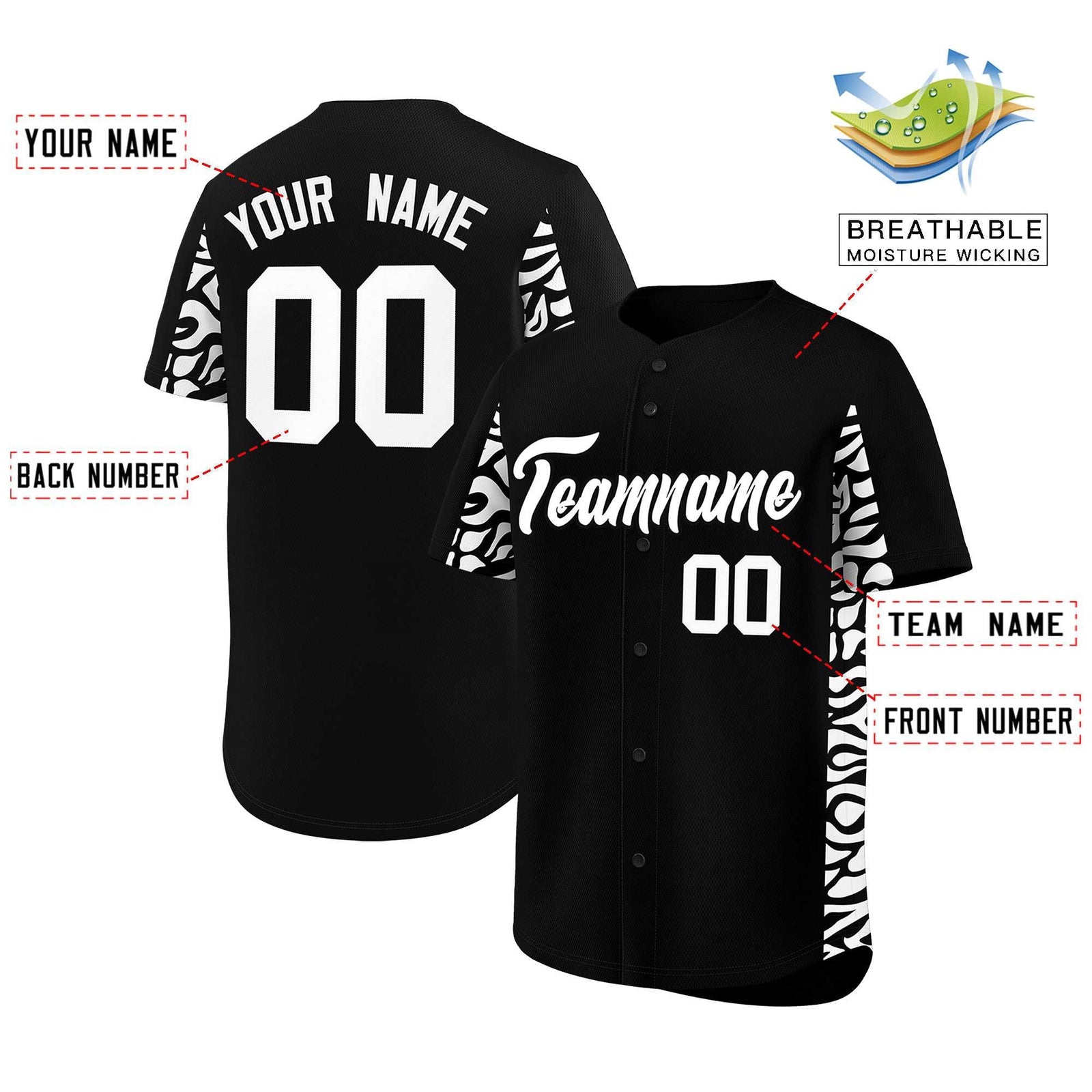 Custom Black White Personalized Leopard Graffiti Pattern Side Design Authentic Baseball Jersey
