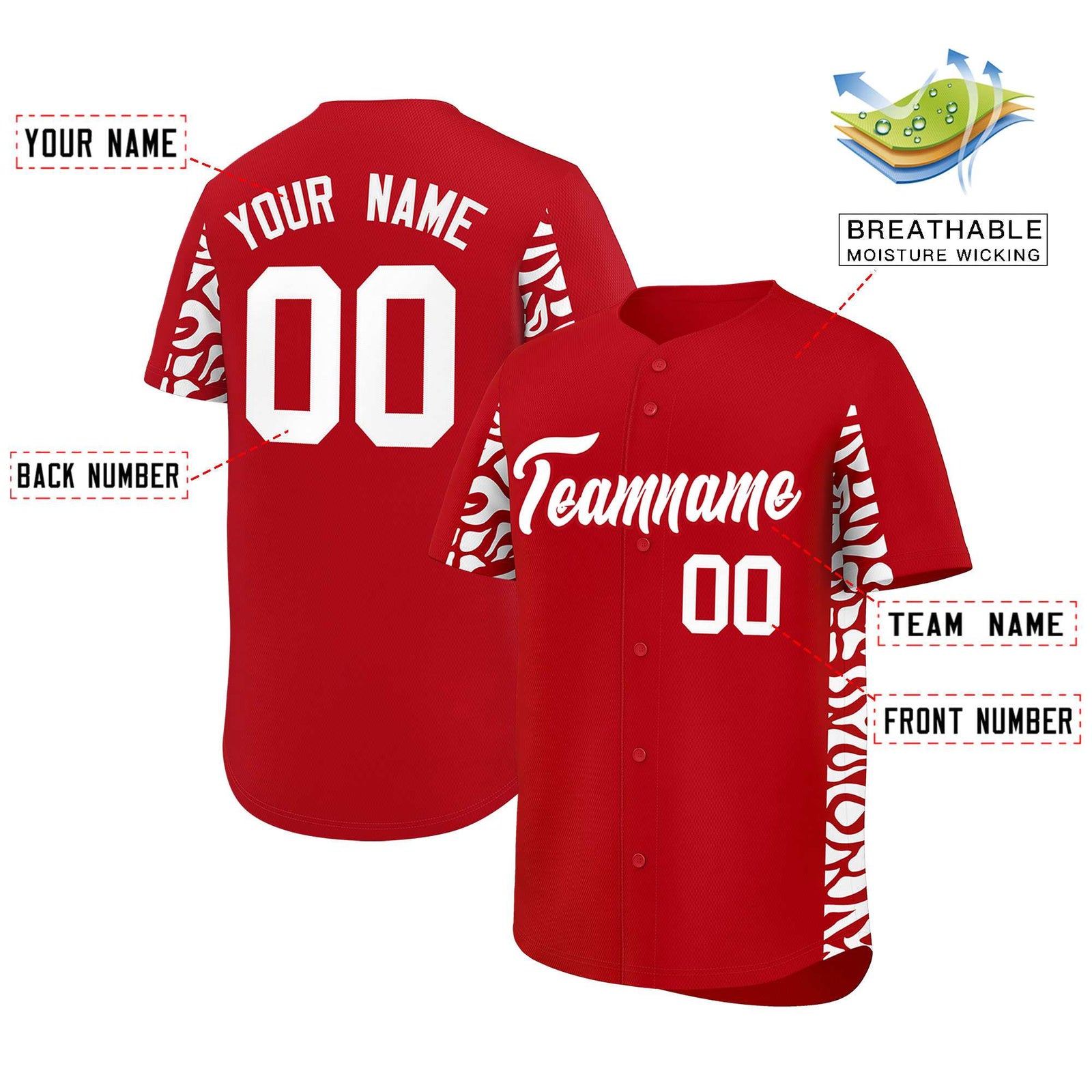 Custom Red White Personalized Leopard Graffiti Pattern Side Design Authentic Baseball Jersey