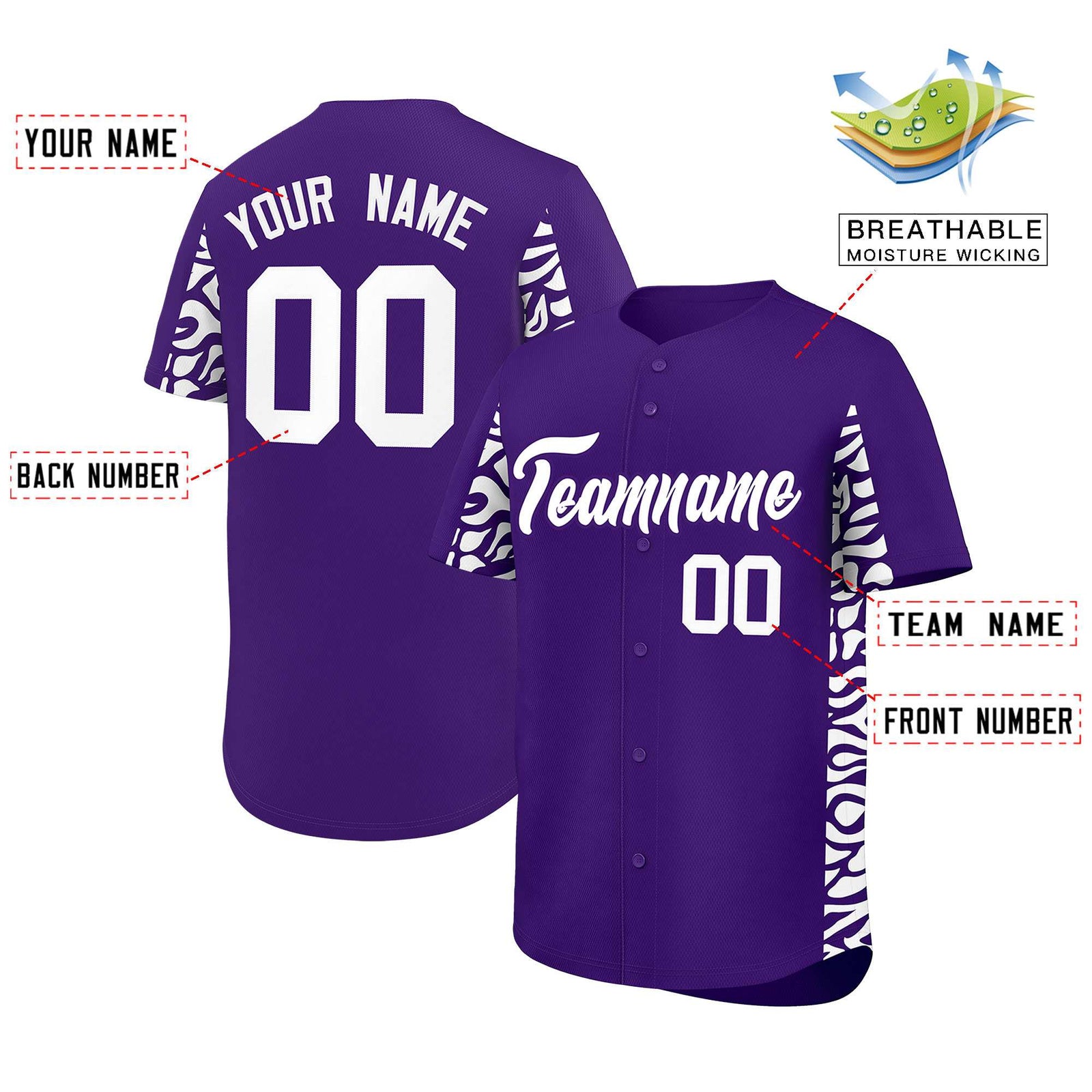 Custom Purple White Personalized Leopard Graffiti Pattern Side Design Authentic Baseball Jersey