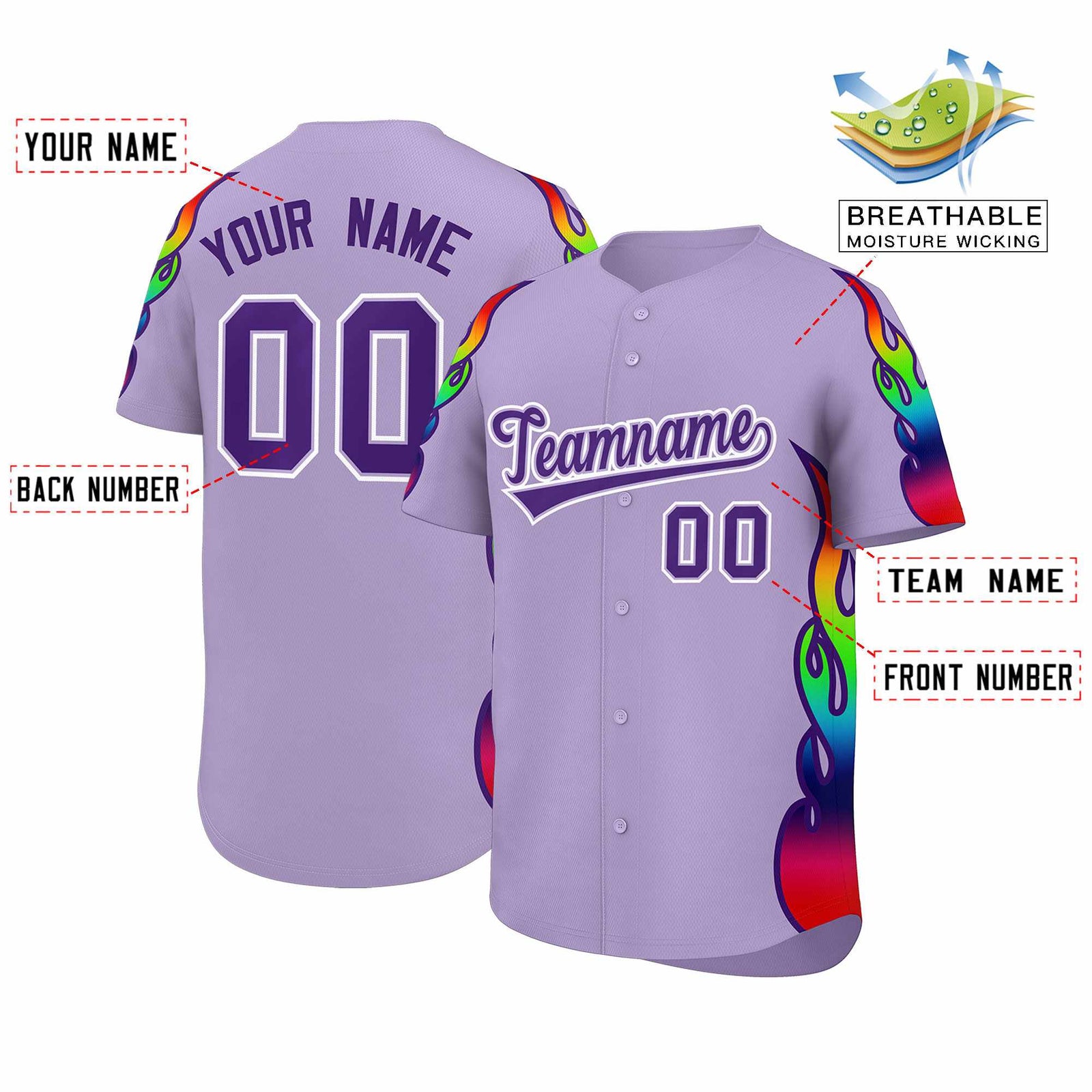 Custom Light Purple Graffiti Pattern Personalized Multicolored Flames Print Authentic Baseball Jersey