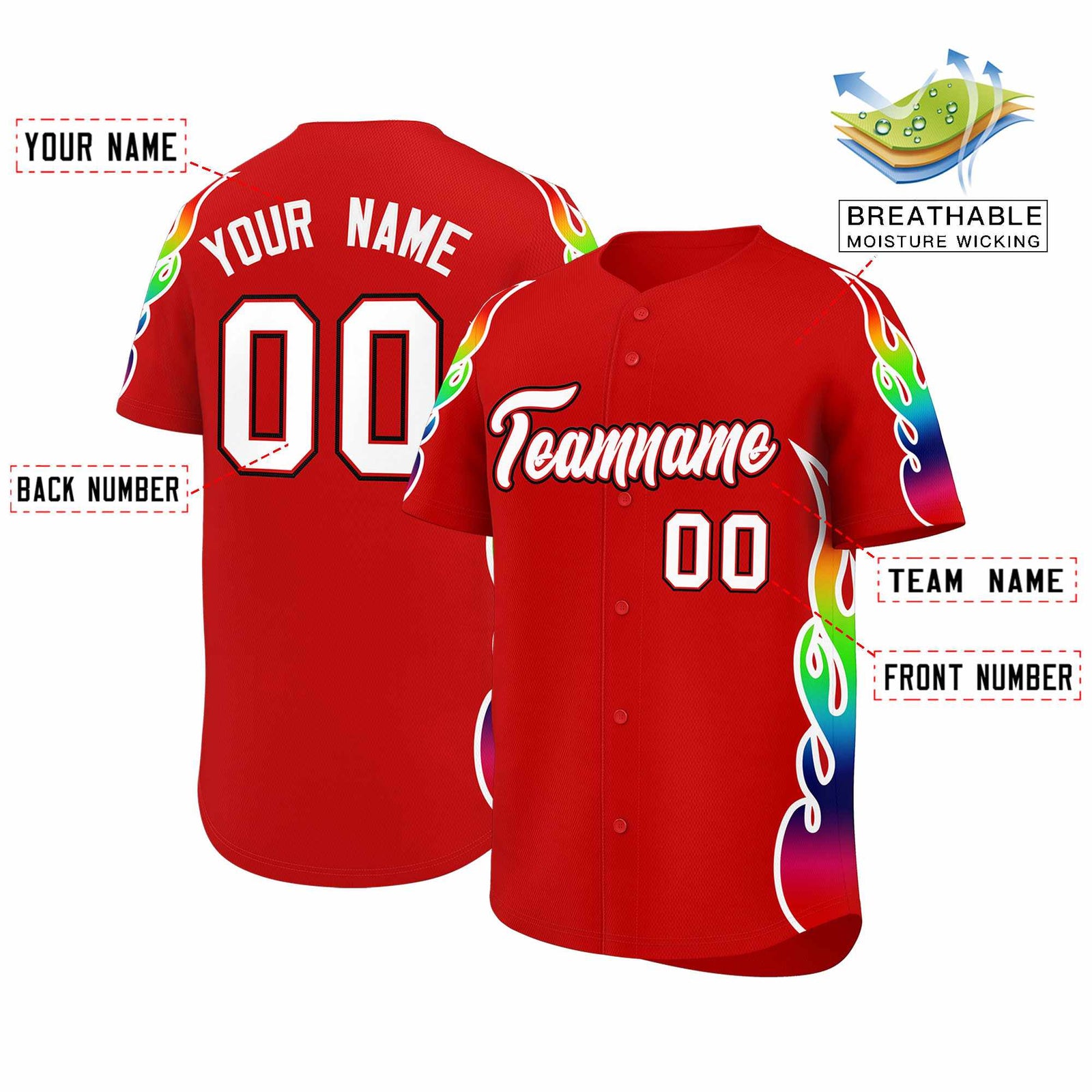Custom Red Graffiti Pattern Personalized Multicolored Flames Print Authentic Baseball Jersey