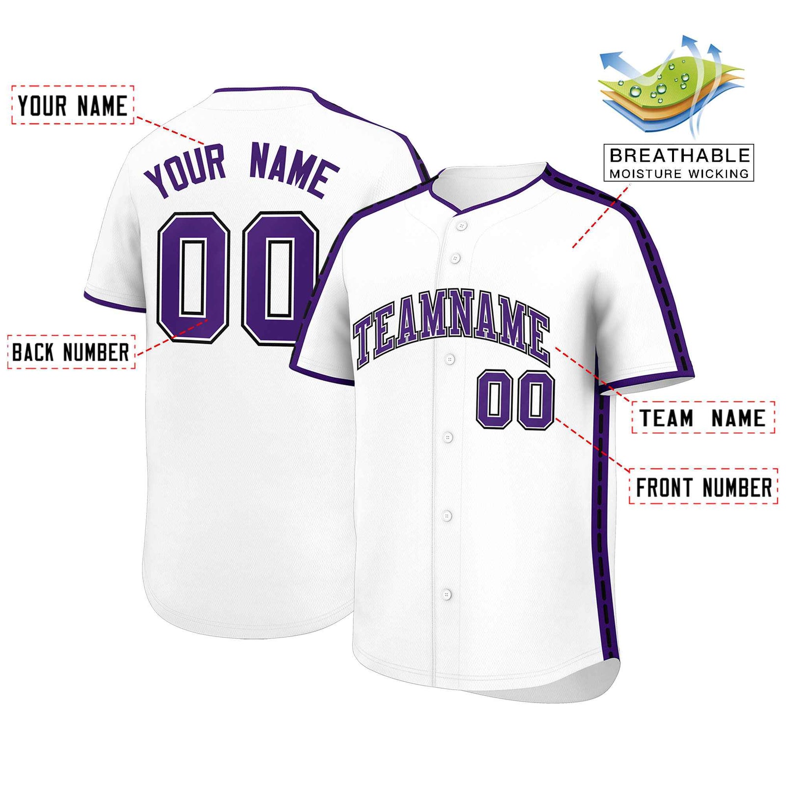 Custom White Purple Color Block Personalized Side Dotted Line Authentic Baseball Jersey