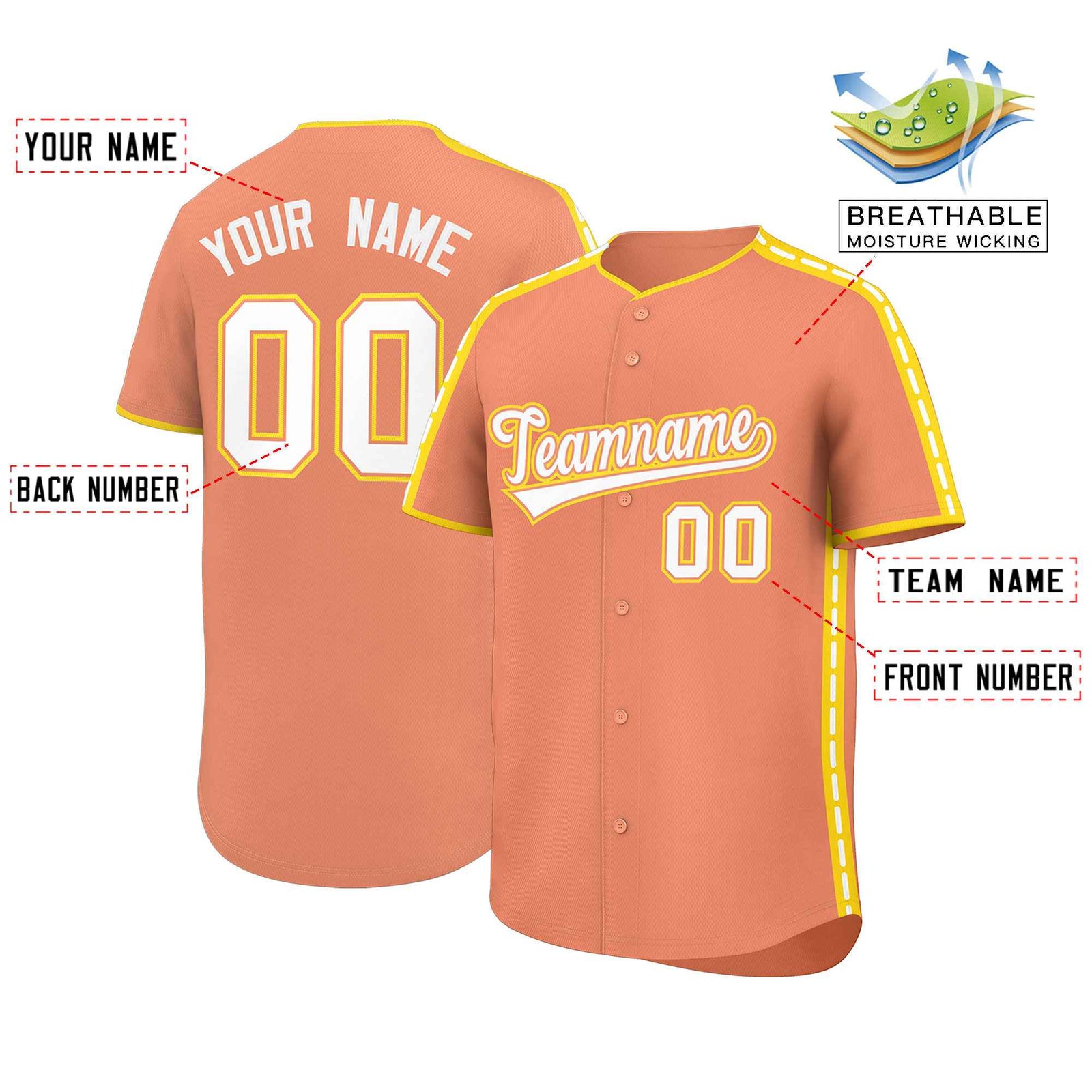 Custom Light Orange Gold Color Block Personalized Side Dotted Line Authentic Baseball Jersey