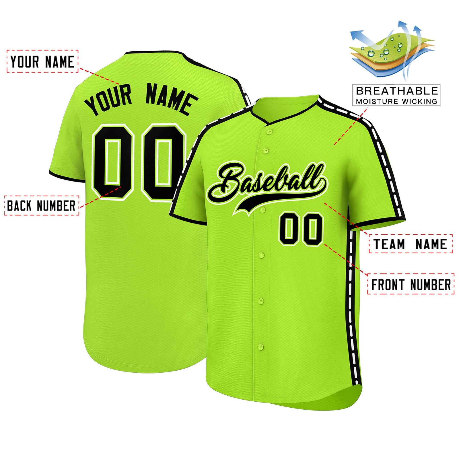 Custom Light Green Black Color Block Personalized Side Dotted Line Authentic Baseball Jersey