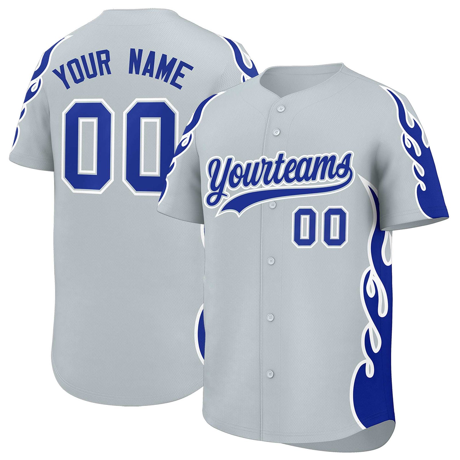 Custom Silver Royal Side Flame Outline Pattern Sports Uniform Basetball Jersey