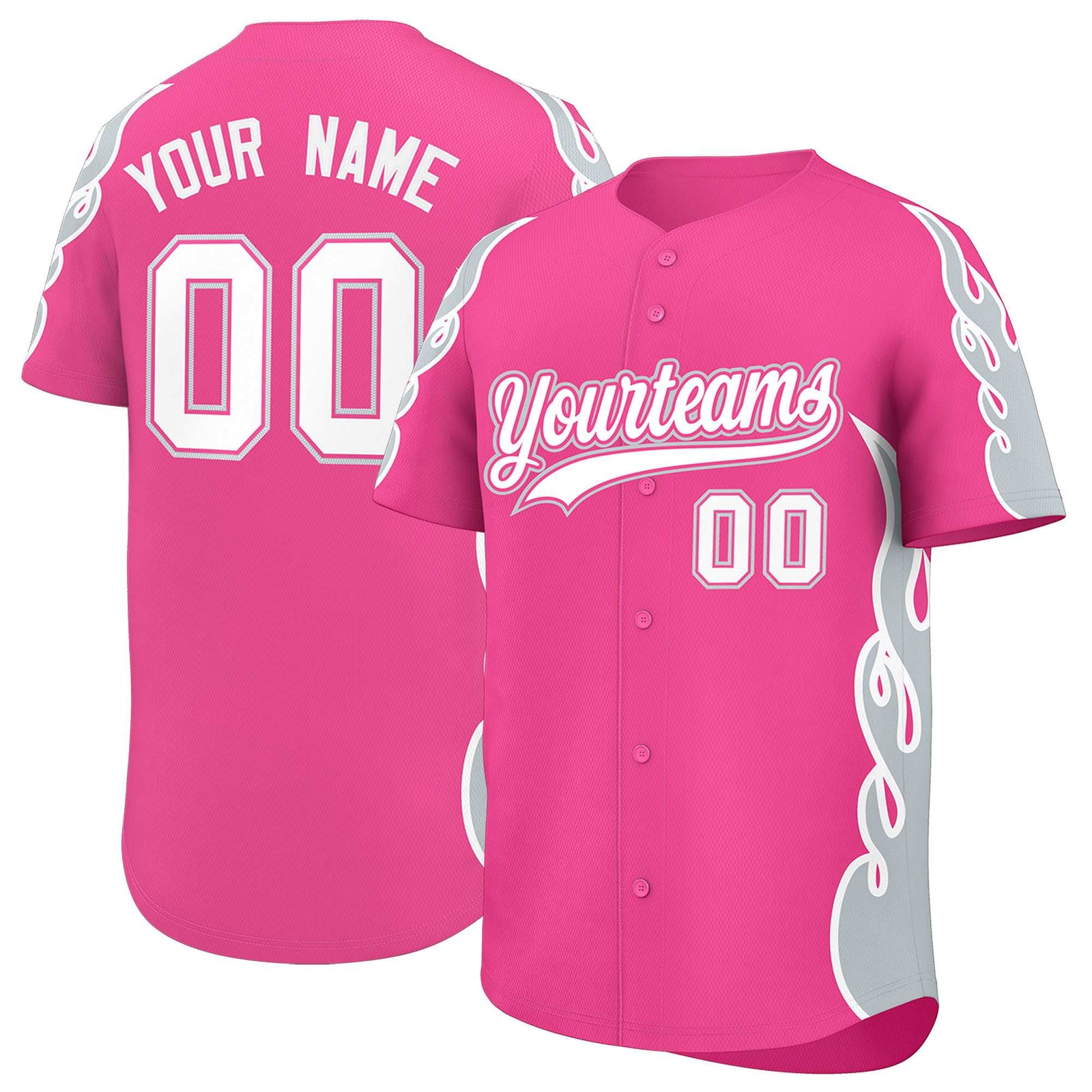 Custom Pink Silver Side Flame Outline Pattern Sports Uniform Basetball Jersey