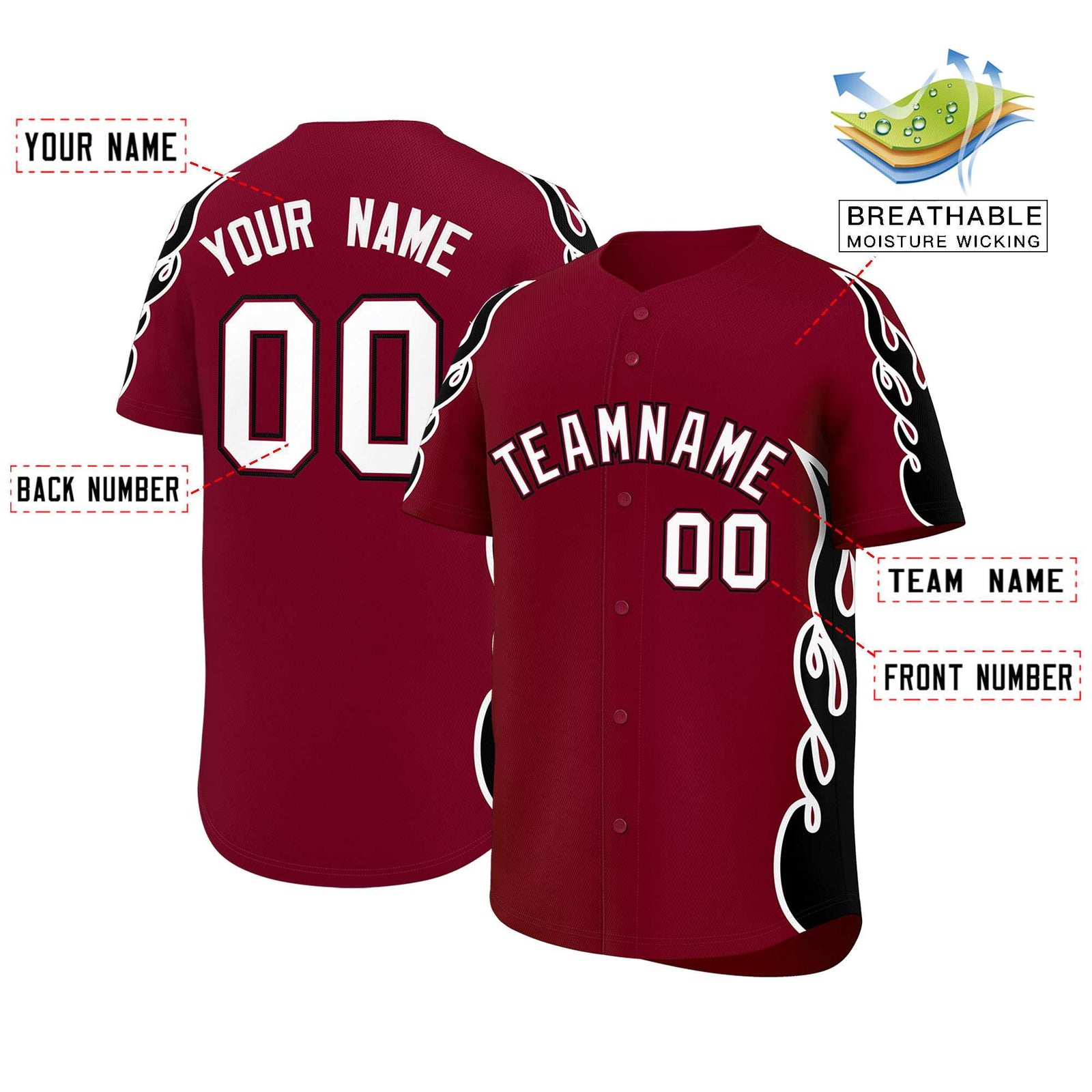 Custom Crimson Black Side Flame Outline Pattern Sports Uniform Basetball Jersey