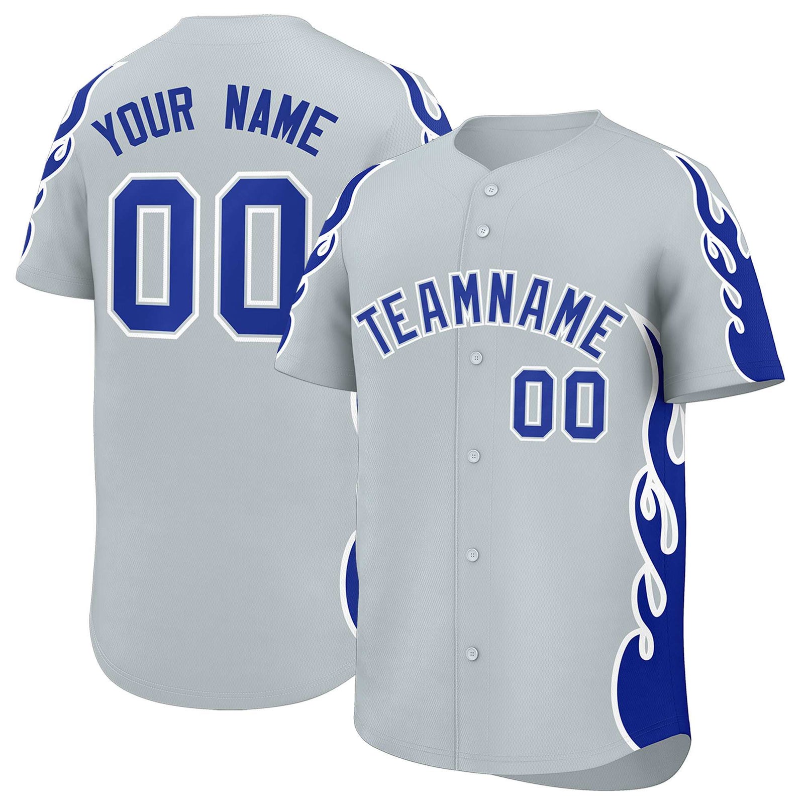 Custom Silver Royal Side Flame Outline Pattern Sports Uniform Basetball Jersey