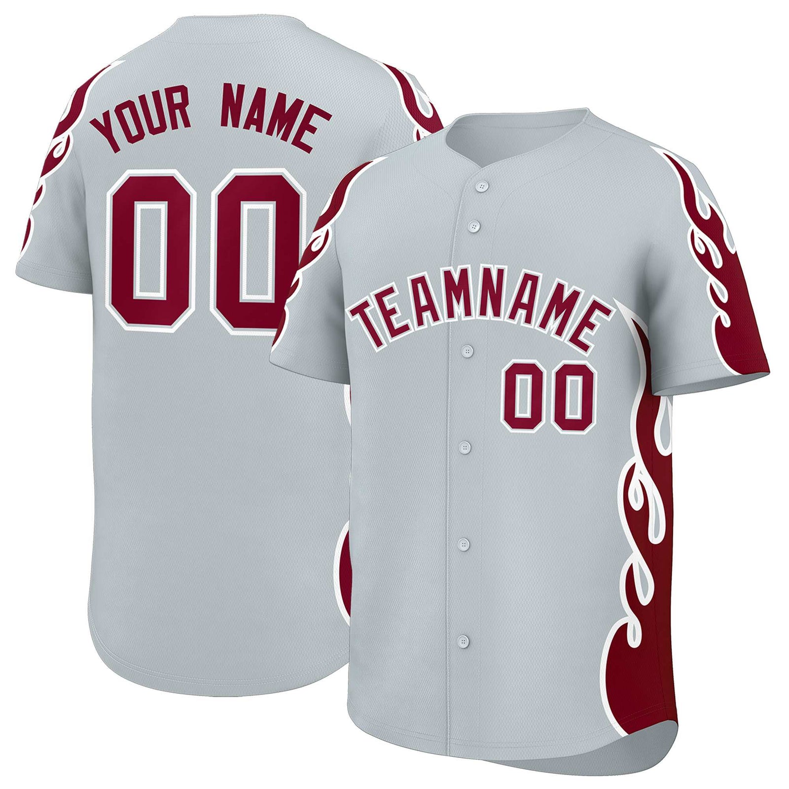 Custom Silver Crimson Side Flame Outline Pattern Sports Uniform Basetball Jersey