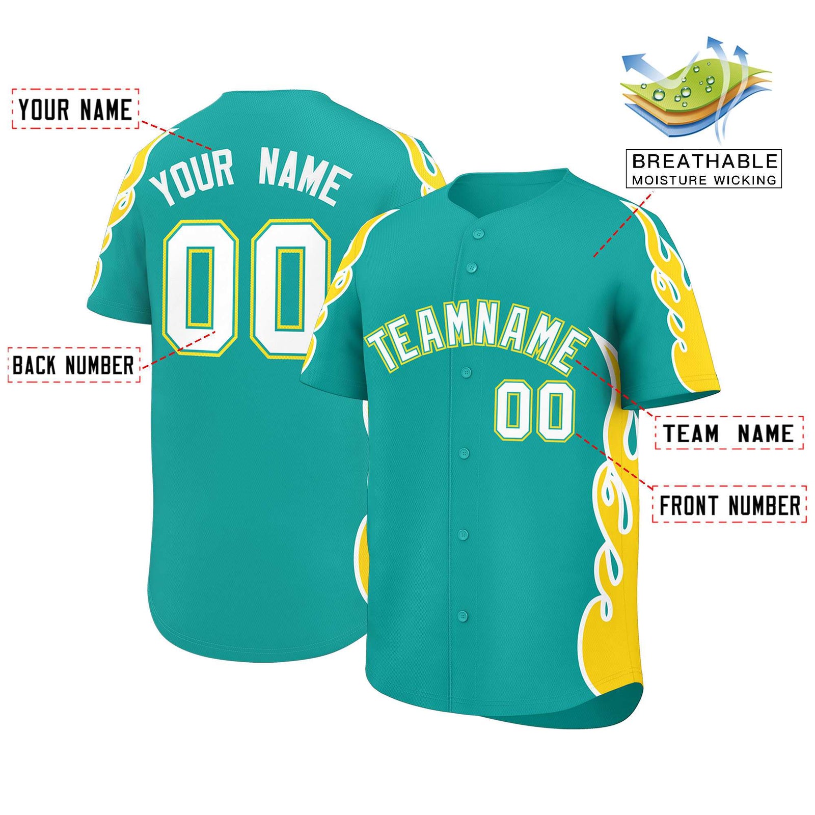 Custom Aqua Gold Side Flame Outline Pattern Sports Uniform Basetball Jersey