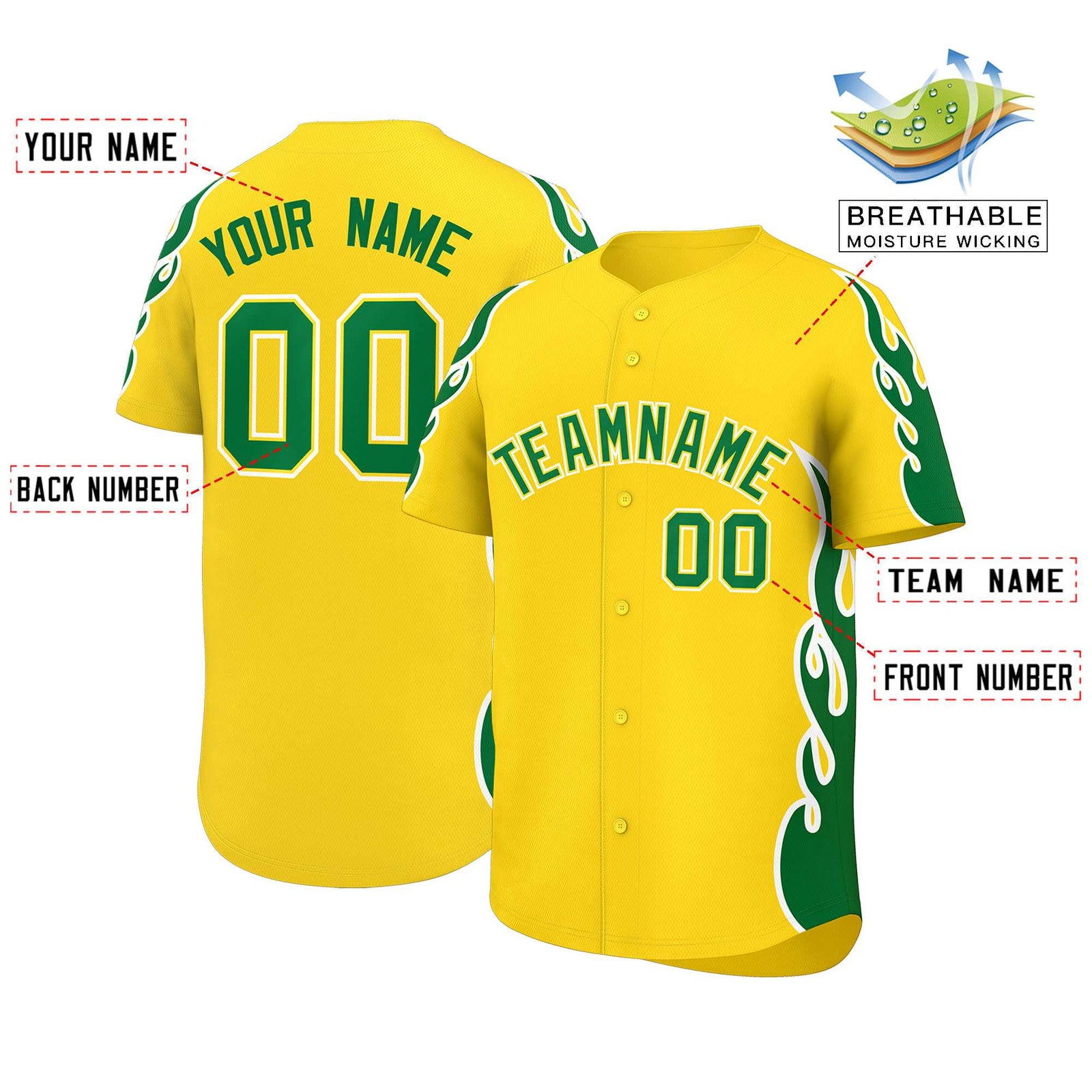 Custom Gold Kelly Green Side Flame Outline Pattern Sports Uniform Basetball Jersey