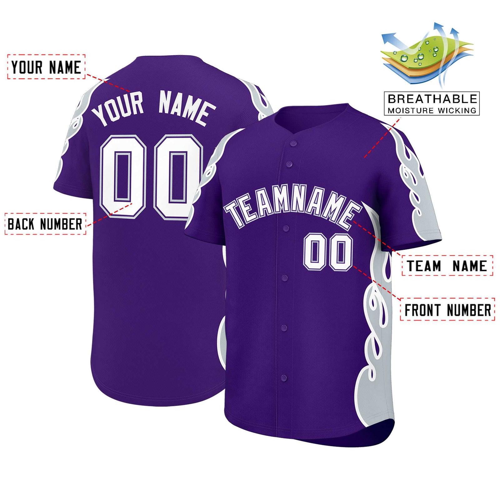 Custom Purple Silver Side Flame Outline Pattern Sports Uniform Basetball Jersey