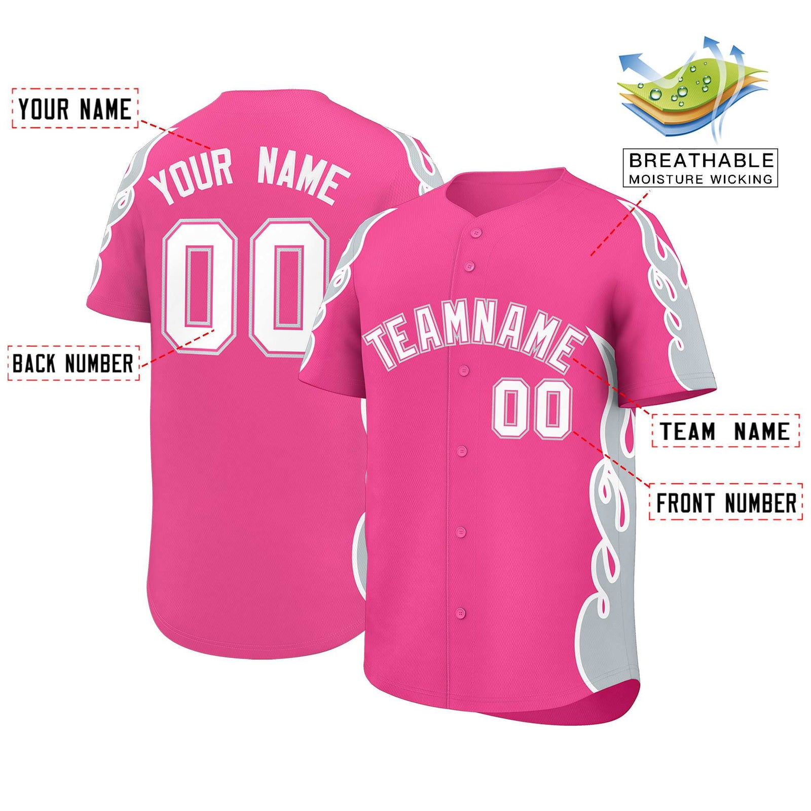 Custom Pink Silver Side Flame Outline Pattern Sports Uniform Basetball Jersey