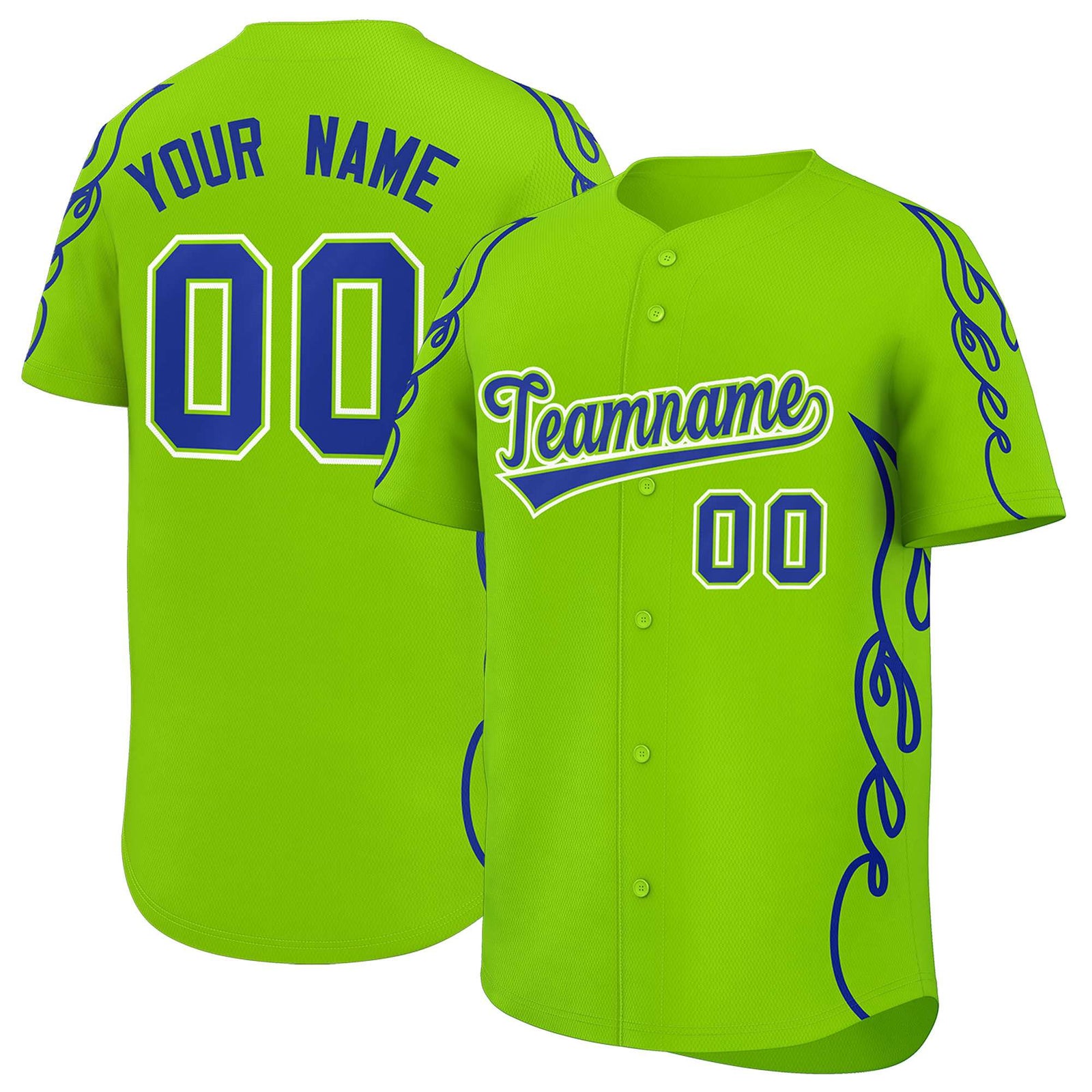 Custom Neon Green Royal Side Flame Outline Pattern Sports Uniform Basetball Jersey