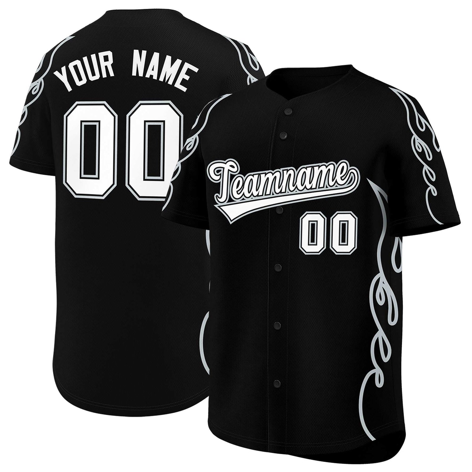 Custom Black Silver Side Flame Outline Pattern Sports Uniform Basetball Jersey