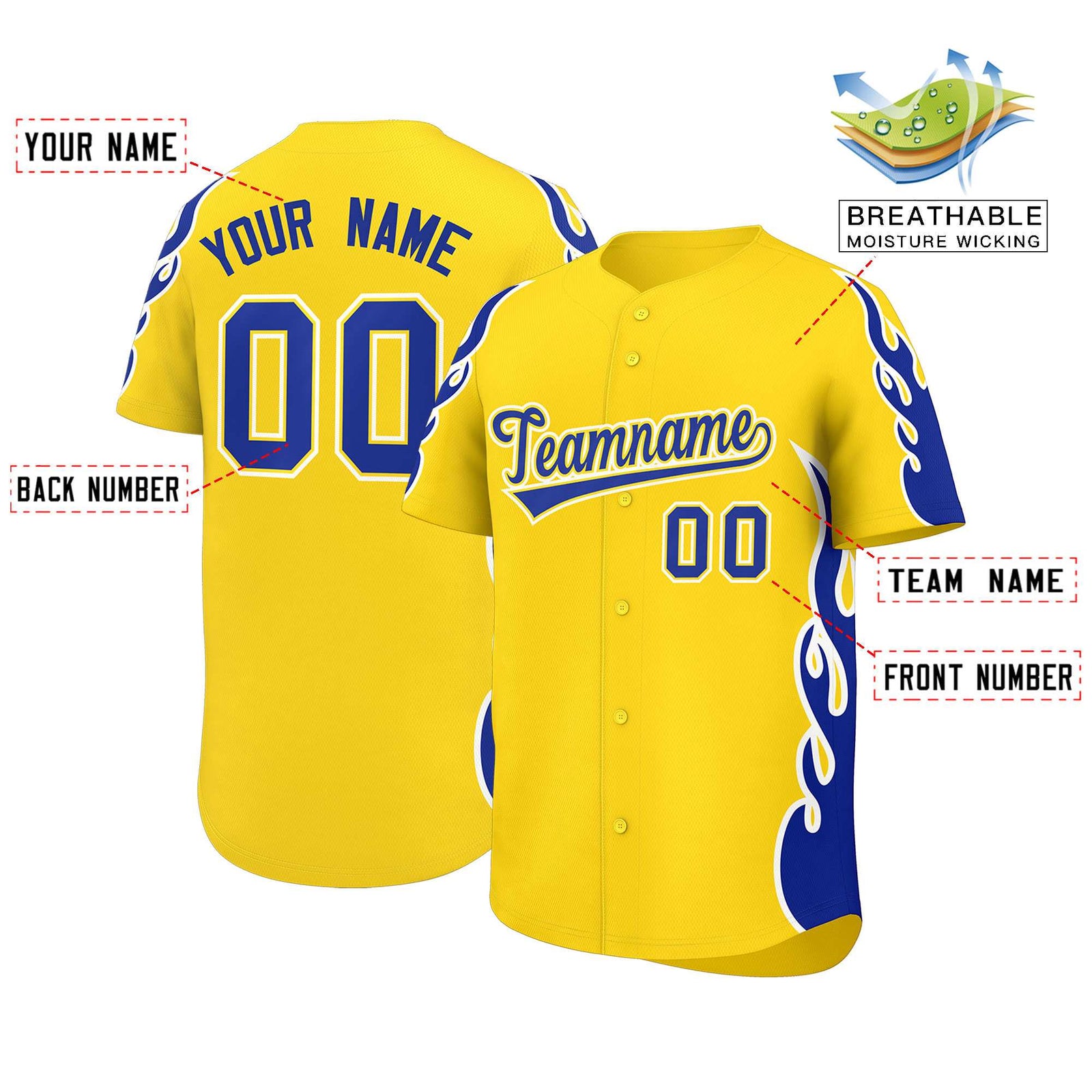 Custom Gold Royal Side Flame Outline Pattern Sports Uniform Basetball Jersey