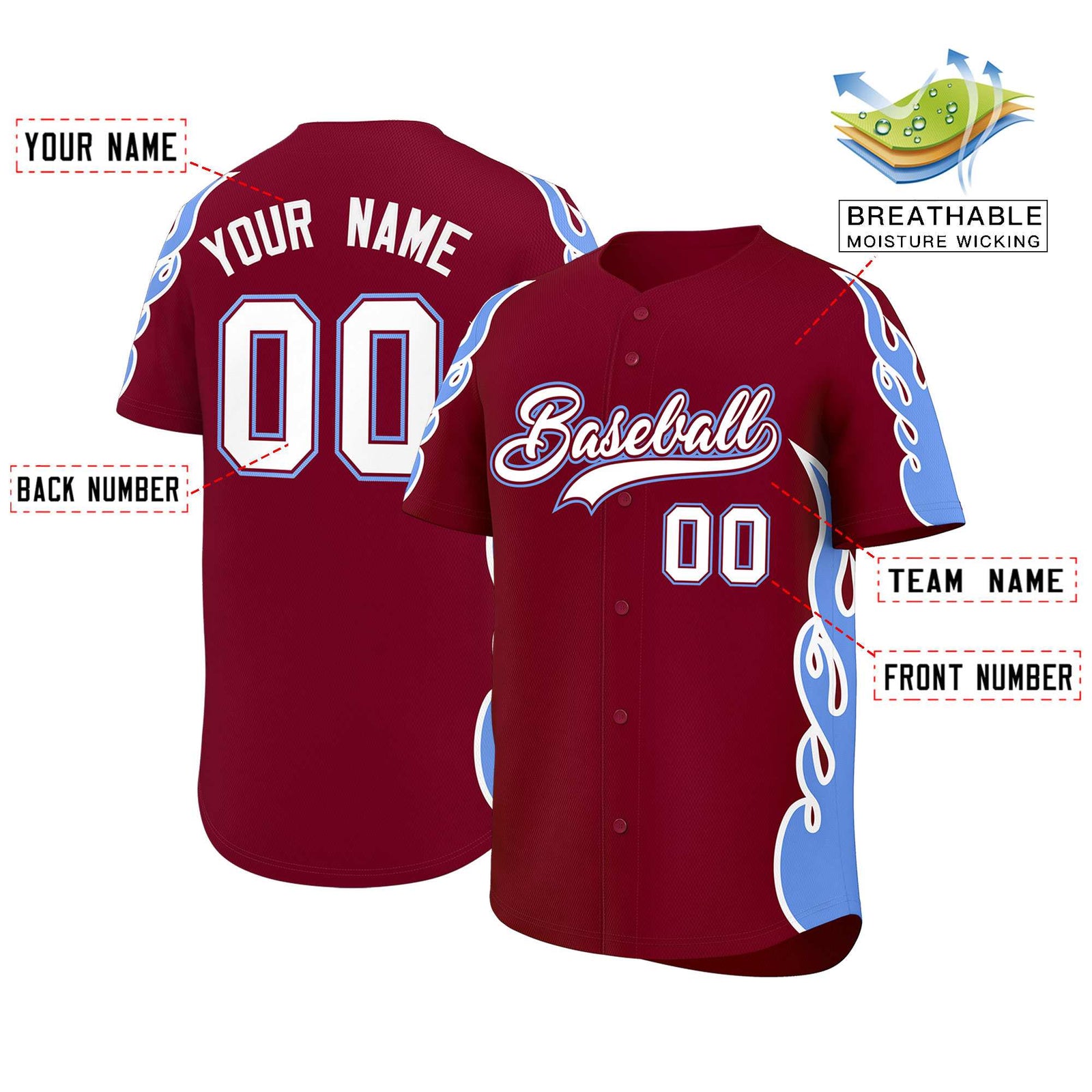 Custom Crimson Light Blue Side Flame Outline Pattern Sports Uniform Basetball Jersey