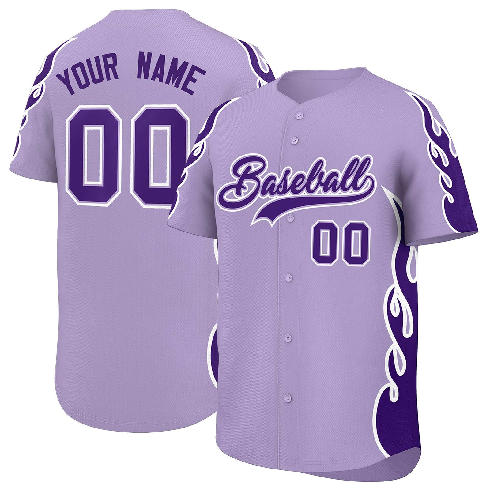 Custom Light Purple Purple Side Flame Outline Pattern Sports Uniform Basetball Jersey