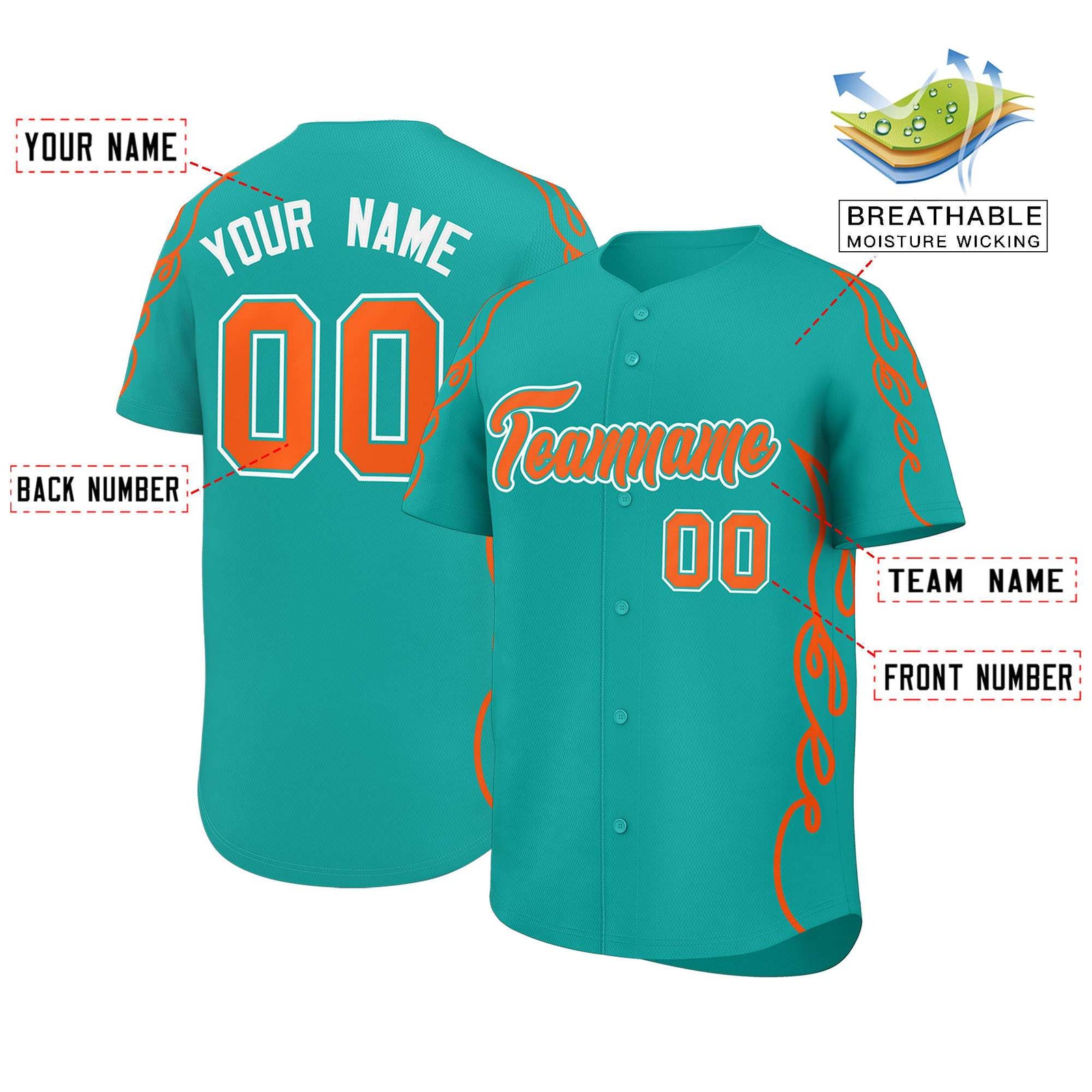 Custom Aqua Orange Side Flame Outline Pattern Sports Uniform Basetball Jersey