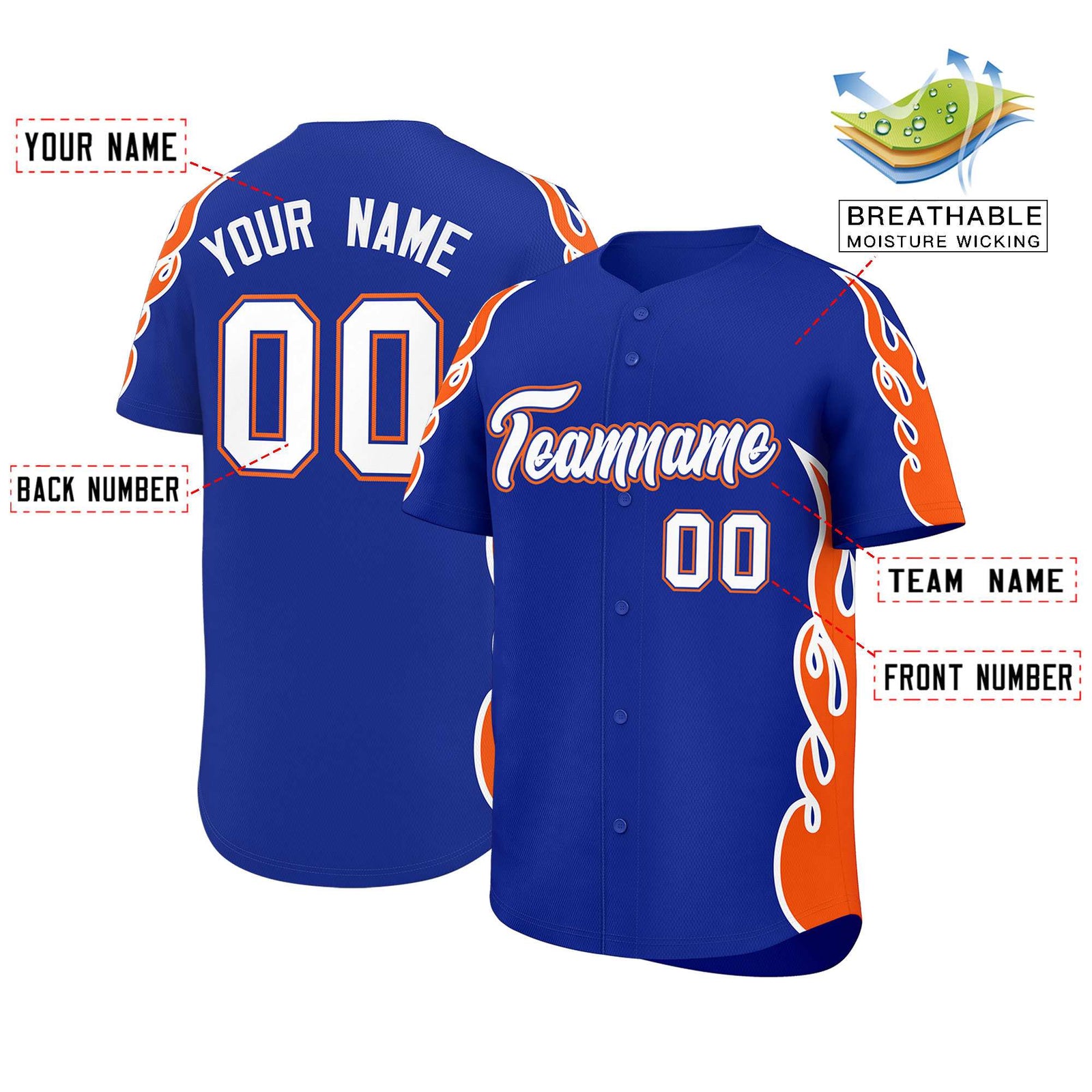 Custom Royal Orange Side Flame Outline Pattern Sports Uniform Basetball Jersey