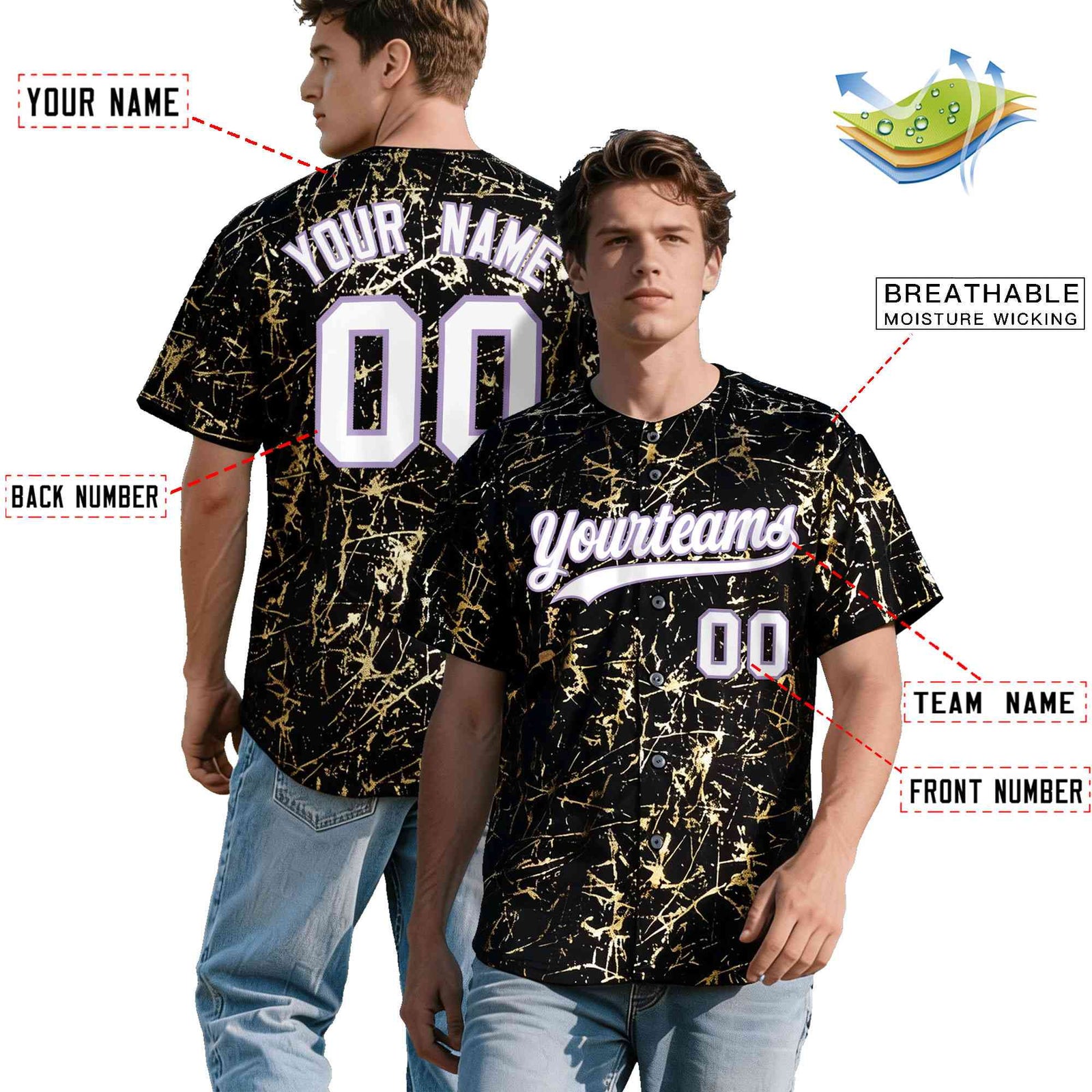 Custom Black White Black&Gold Marble Print Clubwear Party Streetwear Baseball Jersey