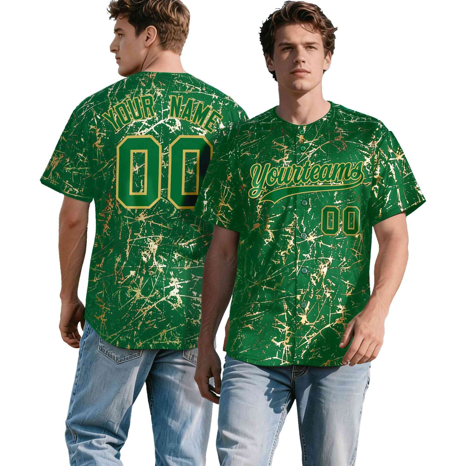 Custom Kelly Green Old Gold Shiny Gold Cracked Texture Baseball Jersey