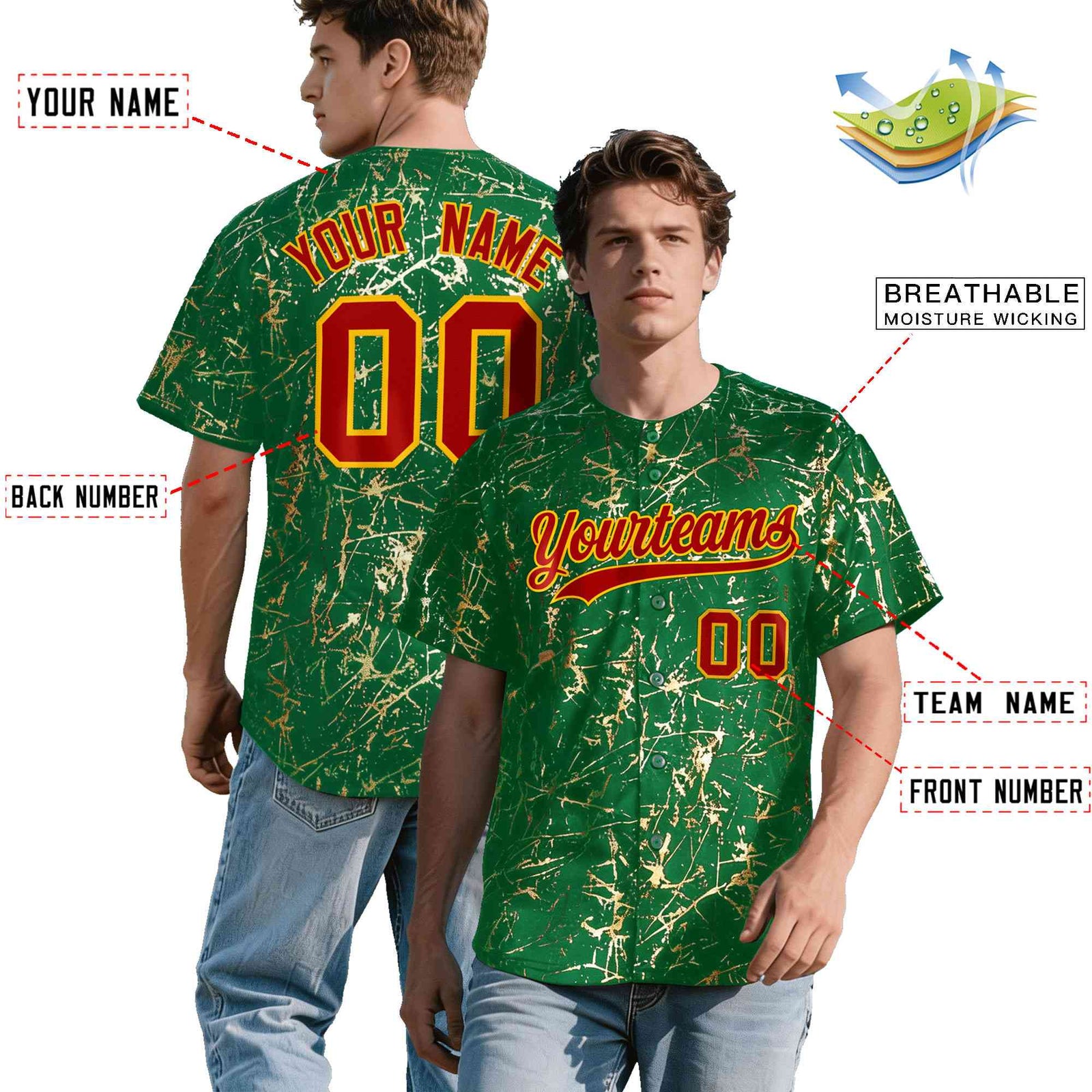 Custom Kelly Green Red Metallic Gold Splatter Breathable&Wrinkle-Resistant Baseball Jersey