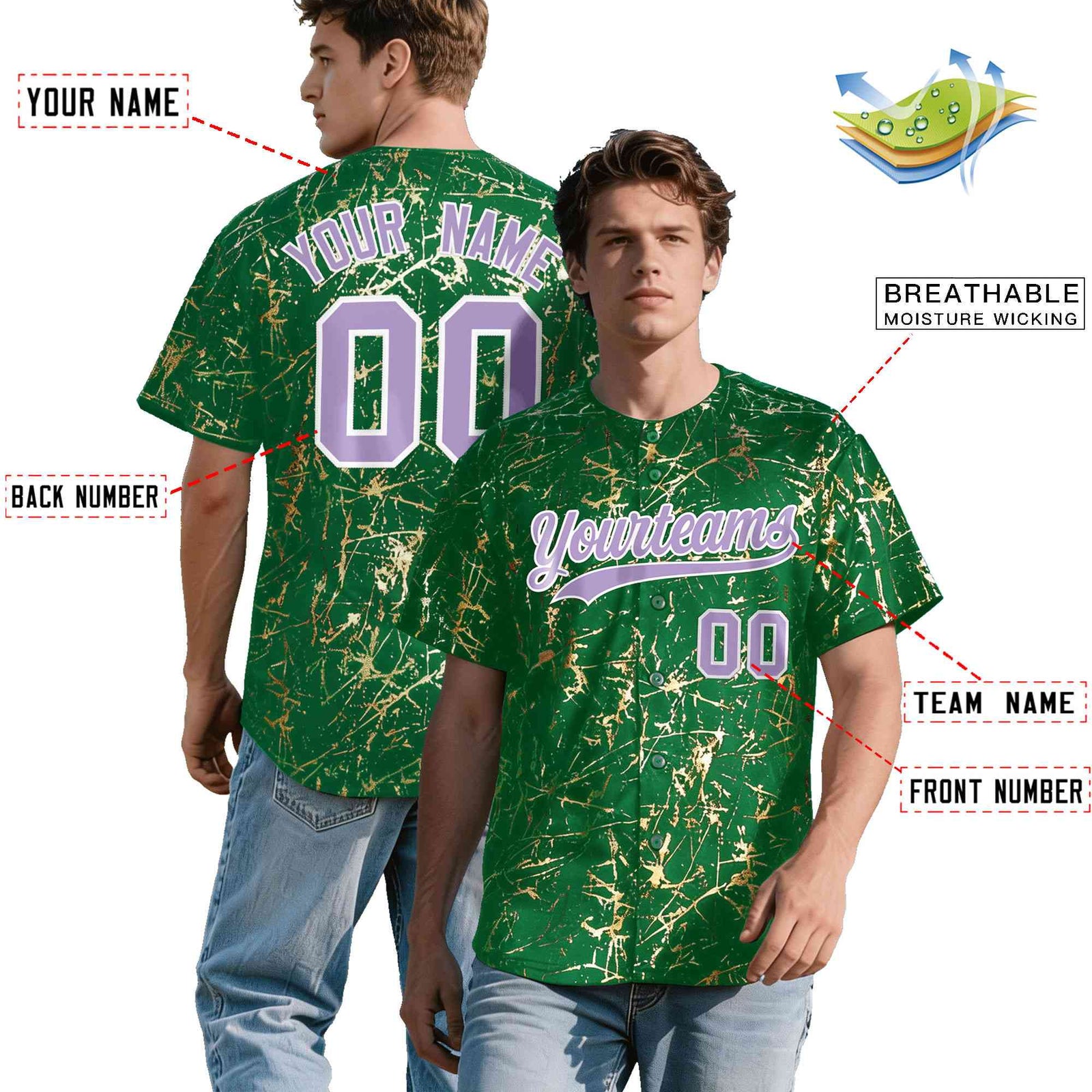 Custom Kelly Green Light Purple Metallic Gold Splatter Urban Streetwear Baseball Jersey