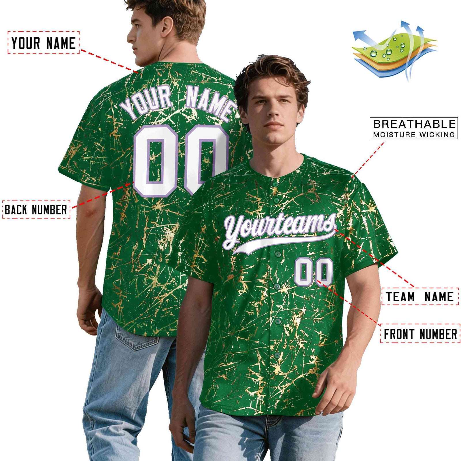 Custom Kelly Green White Black&Shiny Gold Cracked Foil Breathable Mesh Streetwear Baseball Jersey